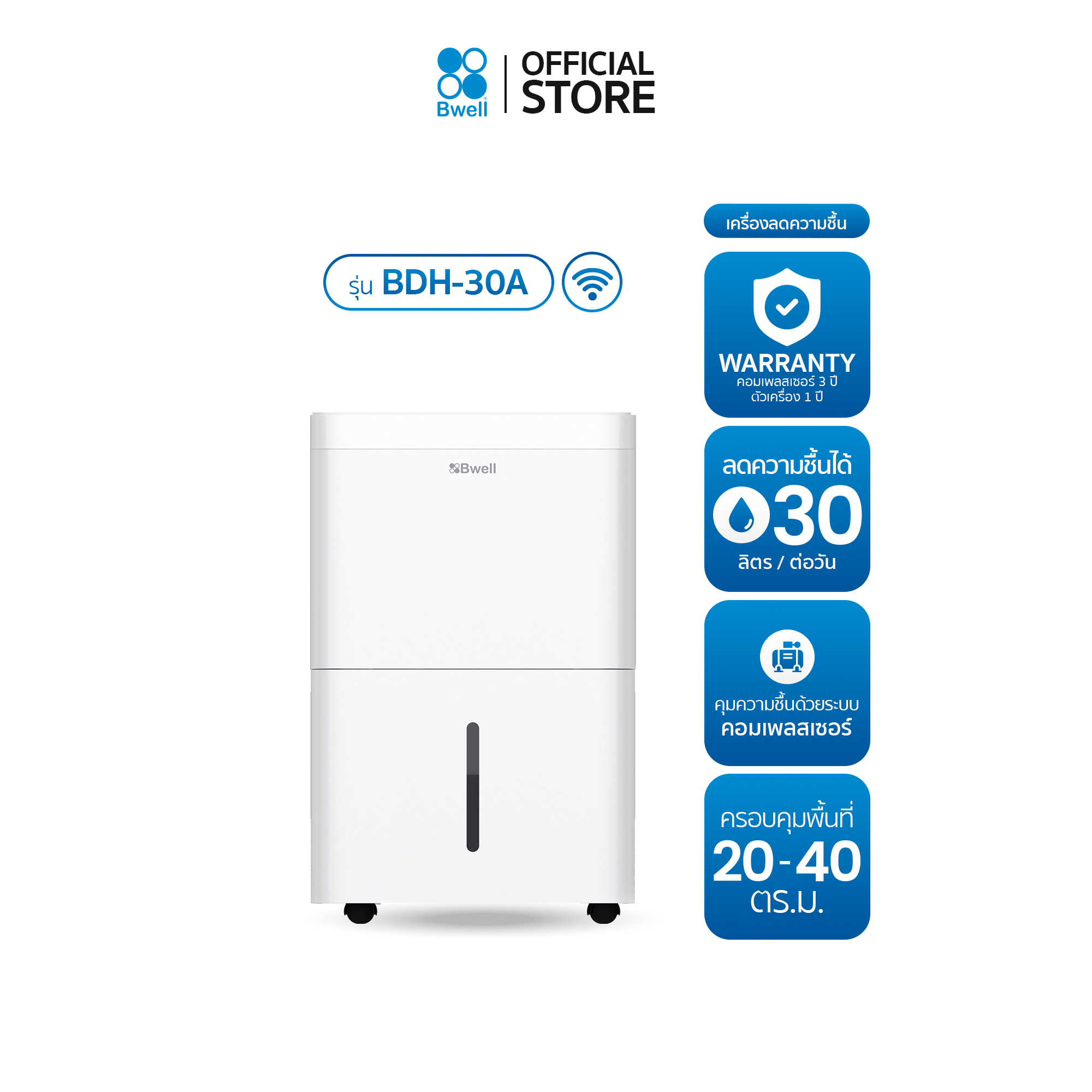 (Free Uv Protection Umbrella Worth 299.-) Bwell Dehumidifier for Areas of 20 - 40 Sq M. 30 Liters/Day Model Bdh-30A ราคา 14,390 บาท*ส่งฟรี