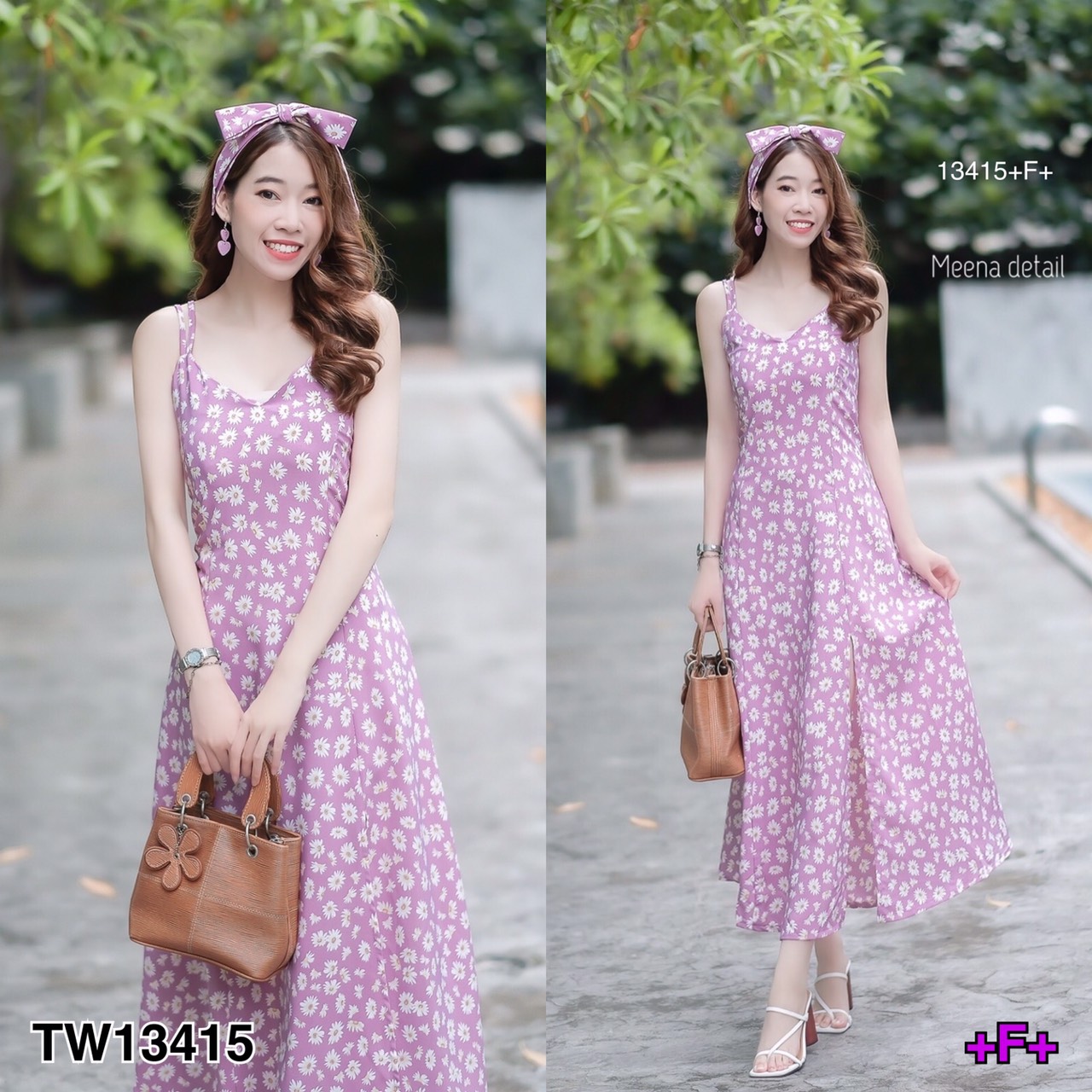 TW13415 Maxi dress สายเดียวลายดอกเดซี่ ดีเทลแต่งสายไขว้ด้านหลัง ผ่าด้านหน้า