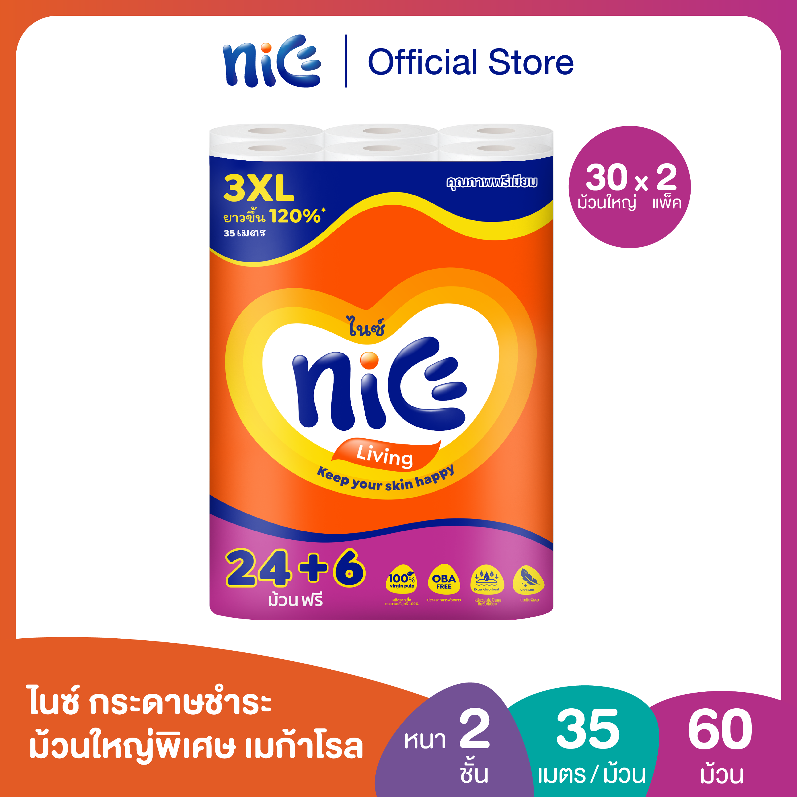 (PACK2 60Mega rolls) Nice Mega Roll Bath Tissue 24+6 rolls X 2 ราคา 576 บาท*ส่งฟรี