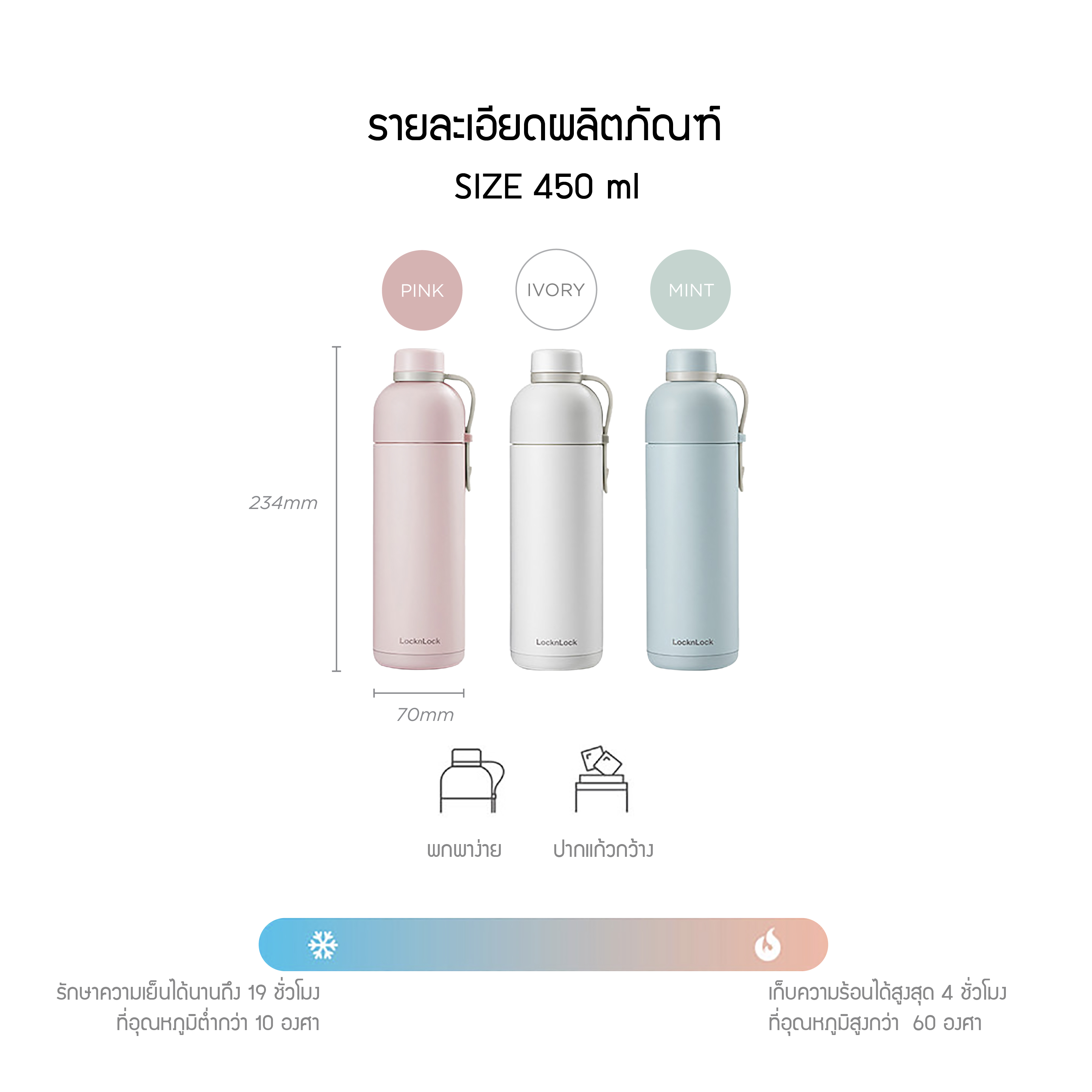 คำอธิบายเพิ่มเติมเกี่ยวกับ LocknLock กระบอกน้ำเก็บความร้อน-เย็น Belt Bottle ความจุ 490ml รุ่น LHC4267