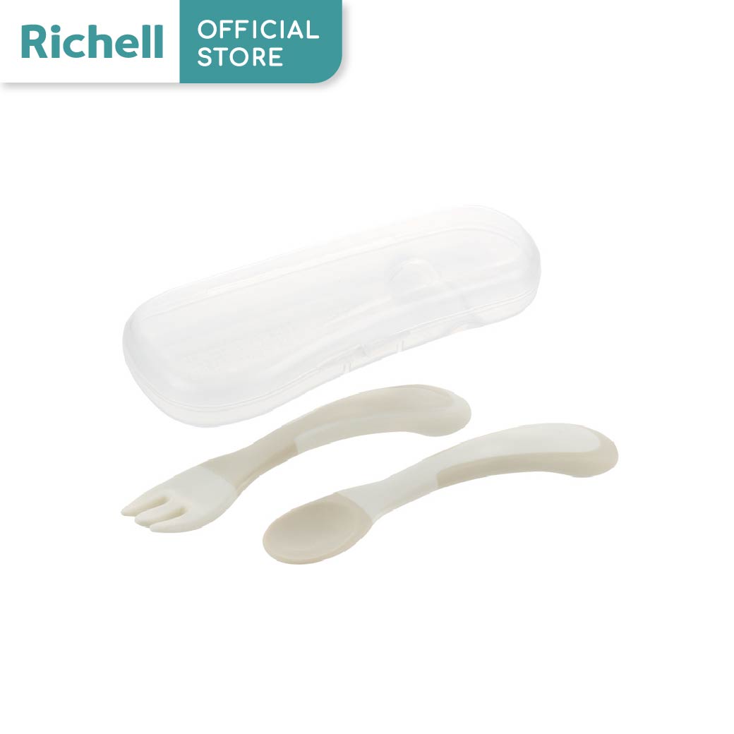 Richell(ริเชลล์)Tli Palm Grip Spoon&Fork with Case Children's Spoon and Fork for Learning to Hold Silicone with Case for Storing for Children Aged 7 Months and up ราคา 390 บาท*ส่งฟรี