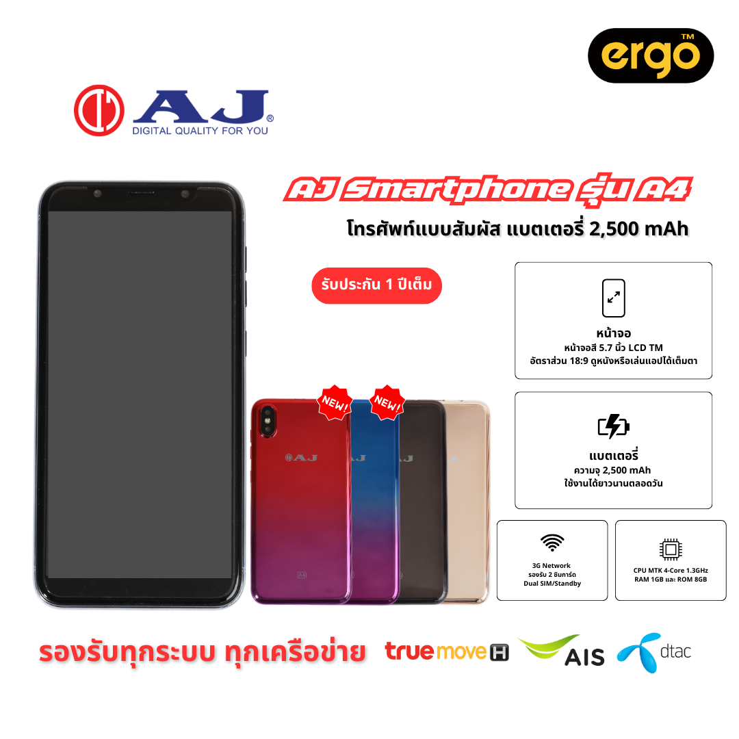 โทรศัพท์ AJ รุ่น A4 แบตอึด เล่นโซเชียลได้ลื่นไหล ใช้ได้ 2 ซิม มี 4 สี [ทอง/ดำ/ฟ้า/แดง] พร้อมส่ง ราคา 899 บาท*ส่งฟรี