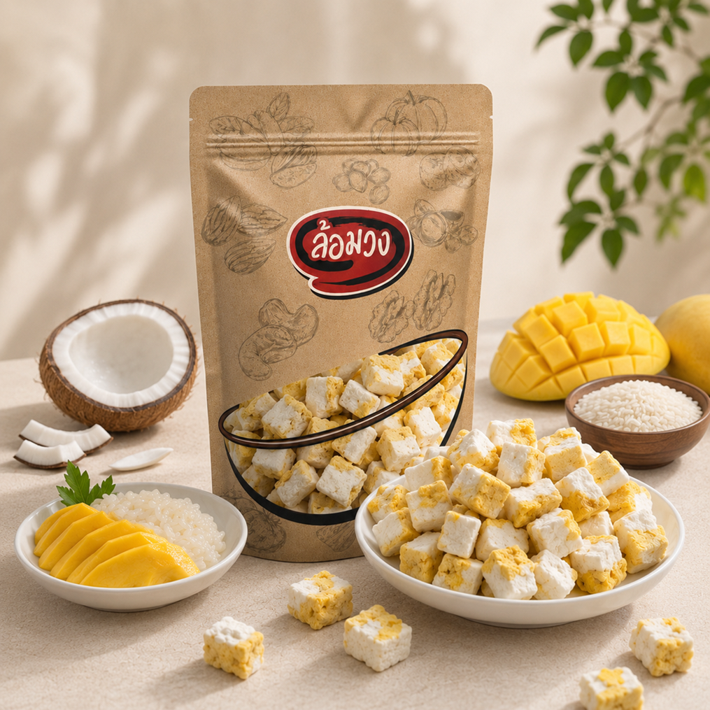 Freeze-Dried Mango Sticky Rice. Using 100% Real Mango by Lamwang. Crispy Vegetables, Snacks, Crispy Fruits, Crispy Mango Sticky Rice. ราคา 330 บาท*ส่งฟรี