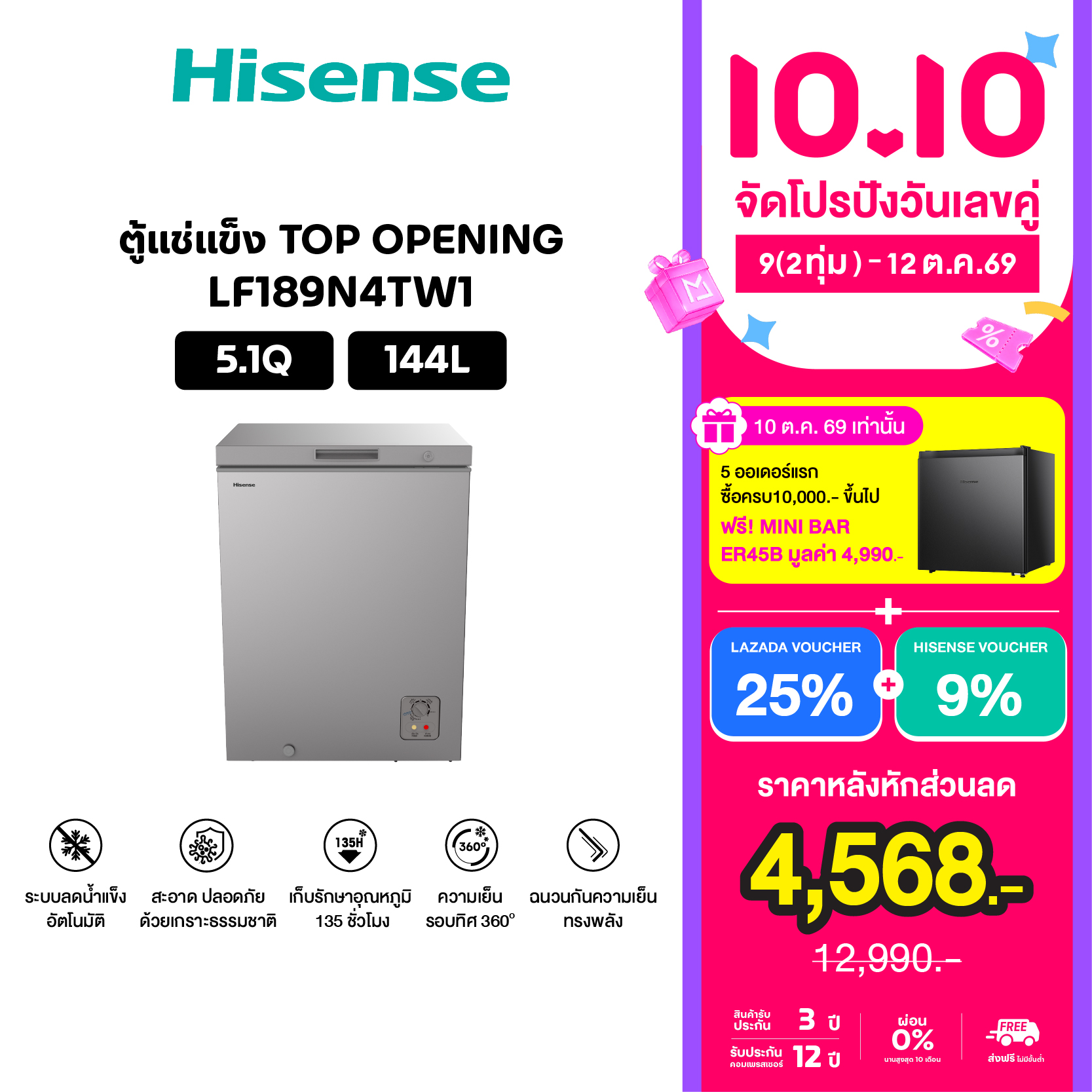 ตู้แช่แข็ง ตู้แช่ฝาทึบ Hisense 5.1 คิว, ความจุ 144 ลิตร, รุ่น Lf189N4Tw1, สีเทา ราคา 6640.00 บาท ตู้แช่แข็ง ตู้แช่ฝาทึบ Hisense 5.1 คิว, ความจุ 144 ลิตร, รุ่น Lf189N4Tw1, สีเทา ราคา 6640.00 บาท