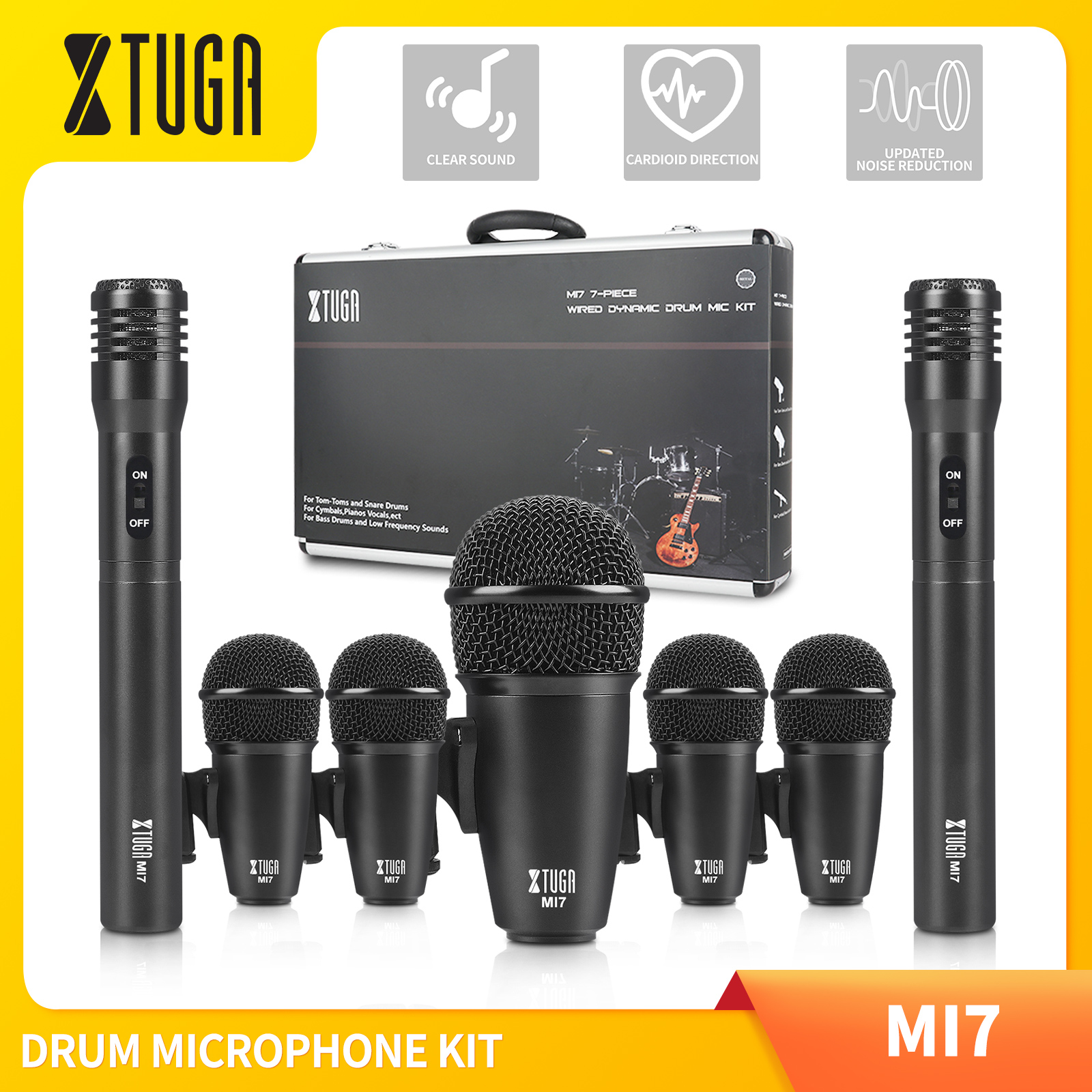 XTUGA MI7 7-Piece Wired Dynamic Drum Mic Kit (Whole Metal) - Kick Bass, Tom/Snare & Cymbals Microphone Set, Use For Drums, Vocal, Other Instrument Complete with Thread Clio, Insert, Mics Holder (Aluminum Case) ราคา 3,999 บาท*ส่งฟรี