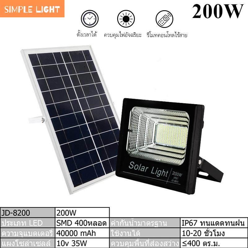 Simple light Solar Light 200W สปอร์ตไลท์ แท้จาก JD รุ่น JD-8200 แสงขาว Floodlight ฟลัดไลท์ Spot Light Solar cell 200 วัตต์ โคมเพชร โคมไฟสวน โคมไฟถนน โคมไฟโรงรถ โคมไฟพลังงานแสงอาทิตย์ แผงโซล่าร์ รีโมท รุ่นใหม่