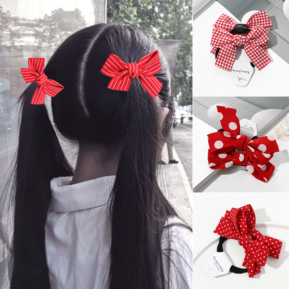 SIKONG 2pcs/set Sweet Wave Point Red Bowknot Cute Double Horsetail Hair Rope Headwear Head Rope