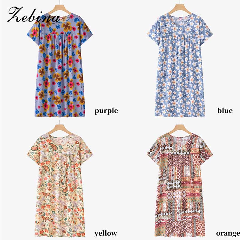 [Zebina Middle-aged and elderly women's dresses casual and comfortable thin cotton silk short-sleeved floral pajamas water group home clothes mother's clothes 2024,Zebina Middle-aged and elderly women's dresses casual and comfortable thin cotton silk sh ราคา 132 บาท*ส่งฟรี
