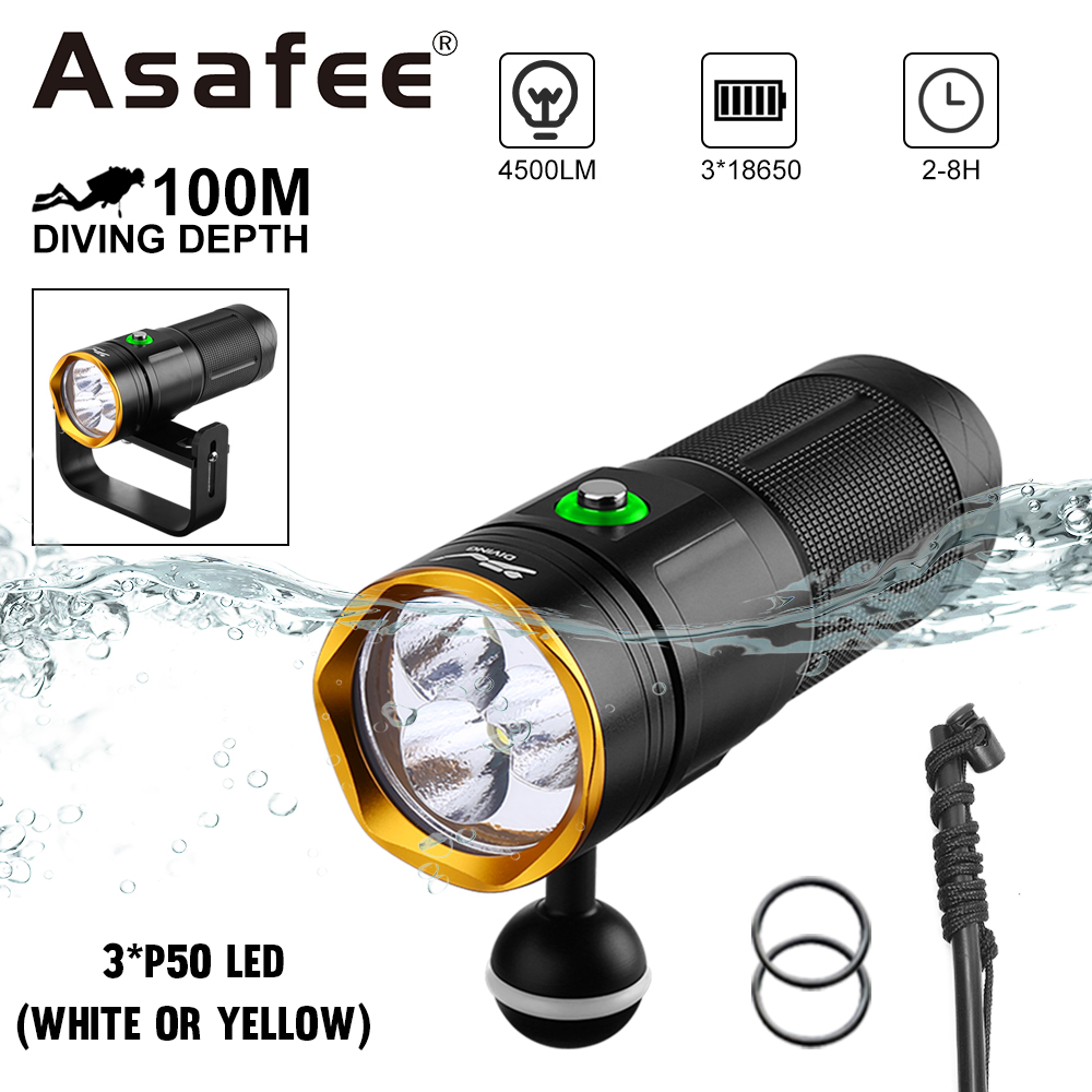 Asafee DA36 Diving photography fill light XHP50.2 LED white+yellow light diving Flashlight scuba 5mode switch use18650 battery underwater 100M IPX8 waterproof Fishing adventure ราคา 2,208 บาท*ส่งฟรี