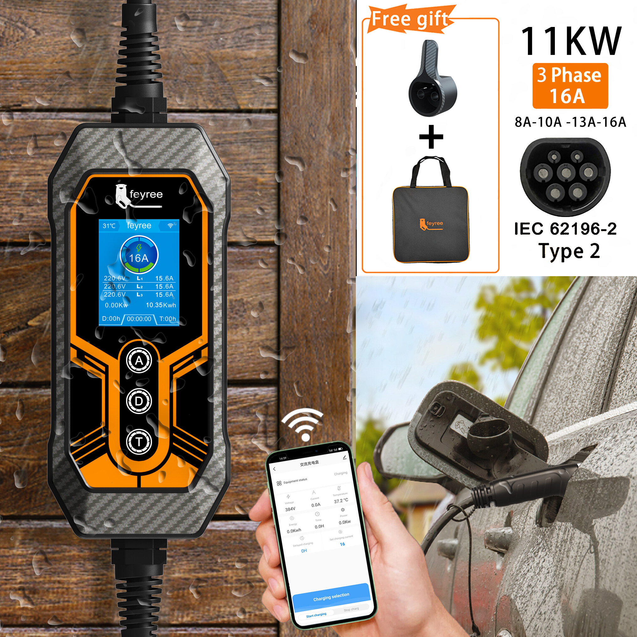 feyree Portable EV Charger Type2 32A 7KW EVSE Wi-Fi APP Control