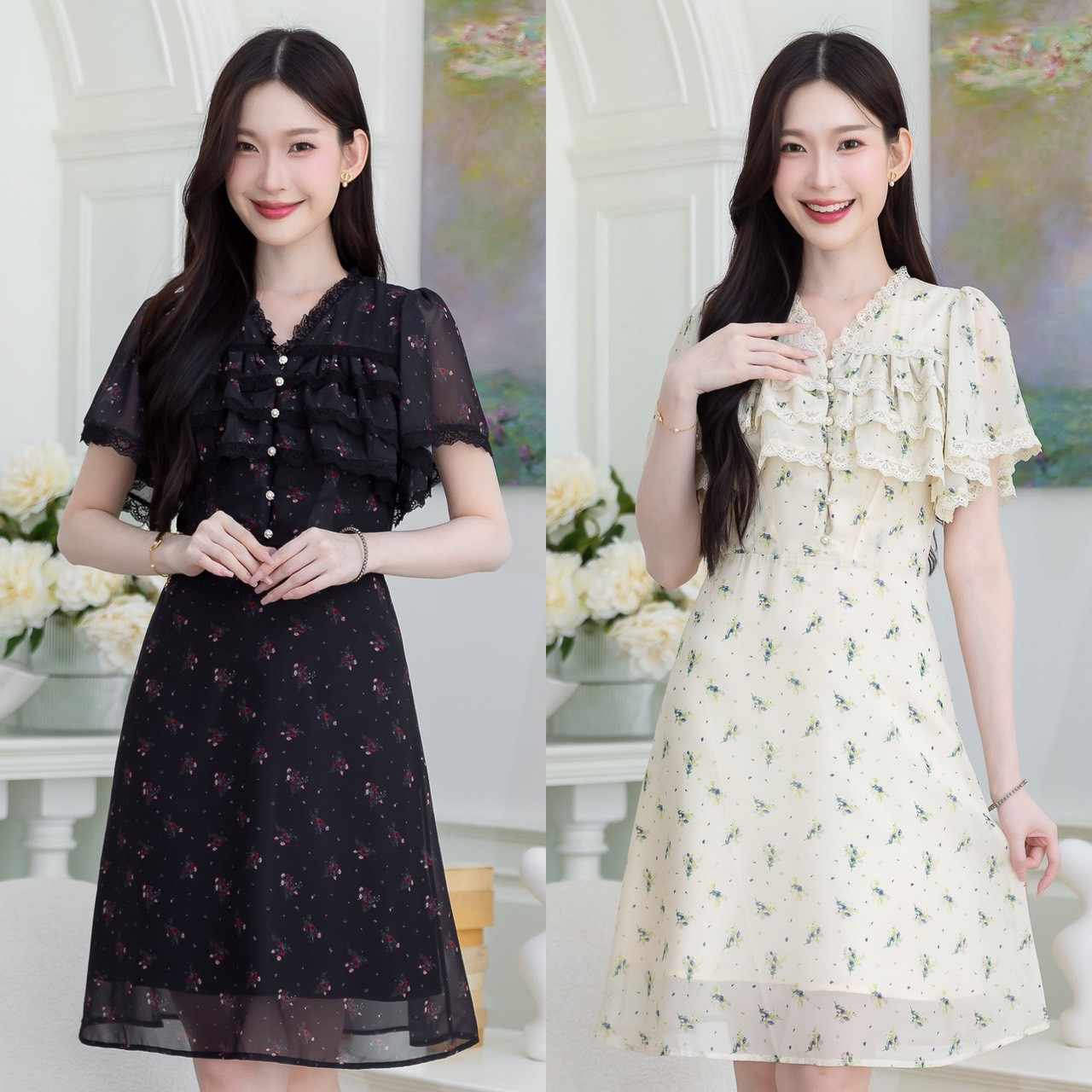 Chiffon Dress, Very Pretty and Sweet, Giving Off a Sweet Princess Look. Details Include Ruffles Around the Chest, Decorated with Beautiful Lace and Adds Volume. It Has a Front Button Detail That Can Be Opened. Decorated with Flower Brooches. Can Be Remove ราคา 690 บาท*ส่งฟรี