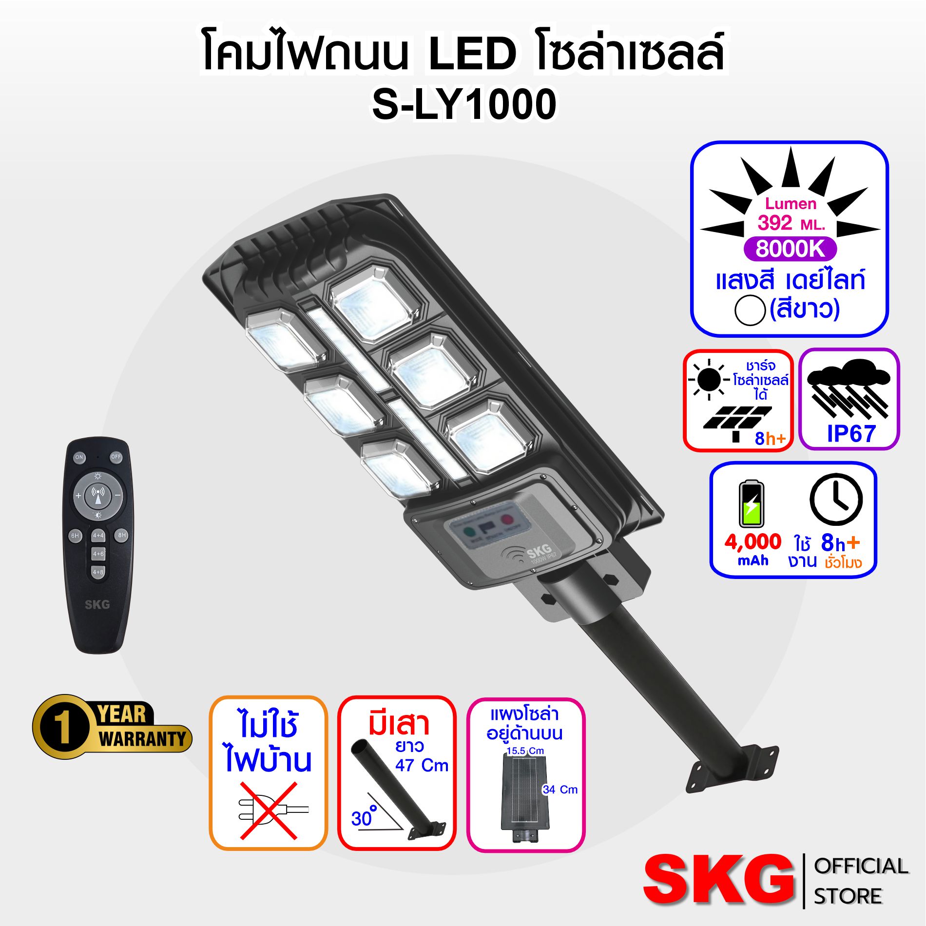 Skg Solar Cell Street Lamp, Daylight, White, 8000K, Model S-Ly1000 Solar Light ราคา 1,290 บาท*ส่งฟรี