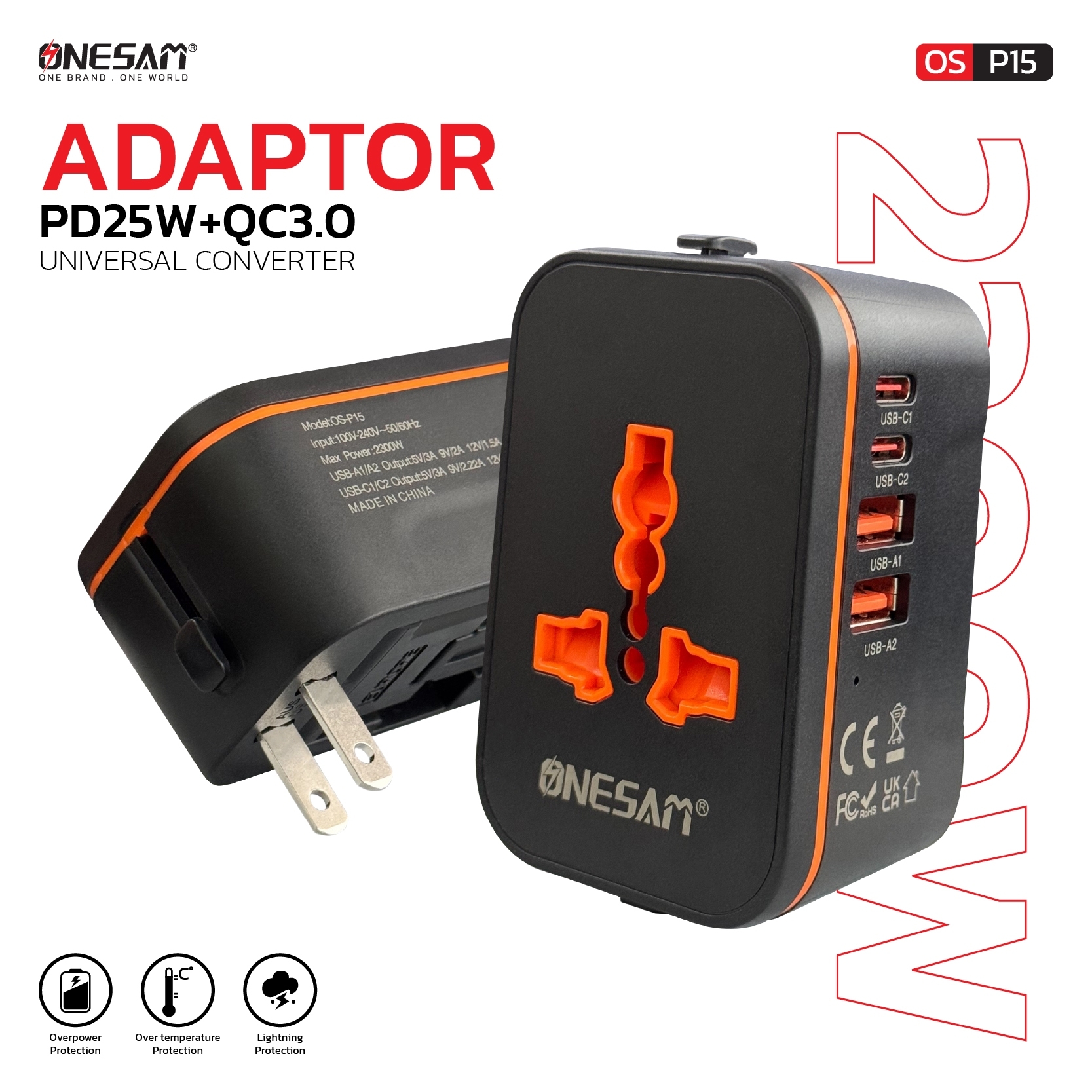 อแดปเตอร์ตัวแปลงขาปลั๊ก ONESAM รุ่น OS-P15 ขาปลั๊กแปลงไฟจาก 3 ขาเป็น EU/UK/US/AUS Plug และ ช่องชาร์จ USB กับ ช่อง Type-C ของแท้ 100% รับประกัน 1ปี ราคา 499 บาท*ส่งฟรี