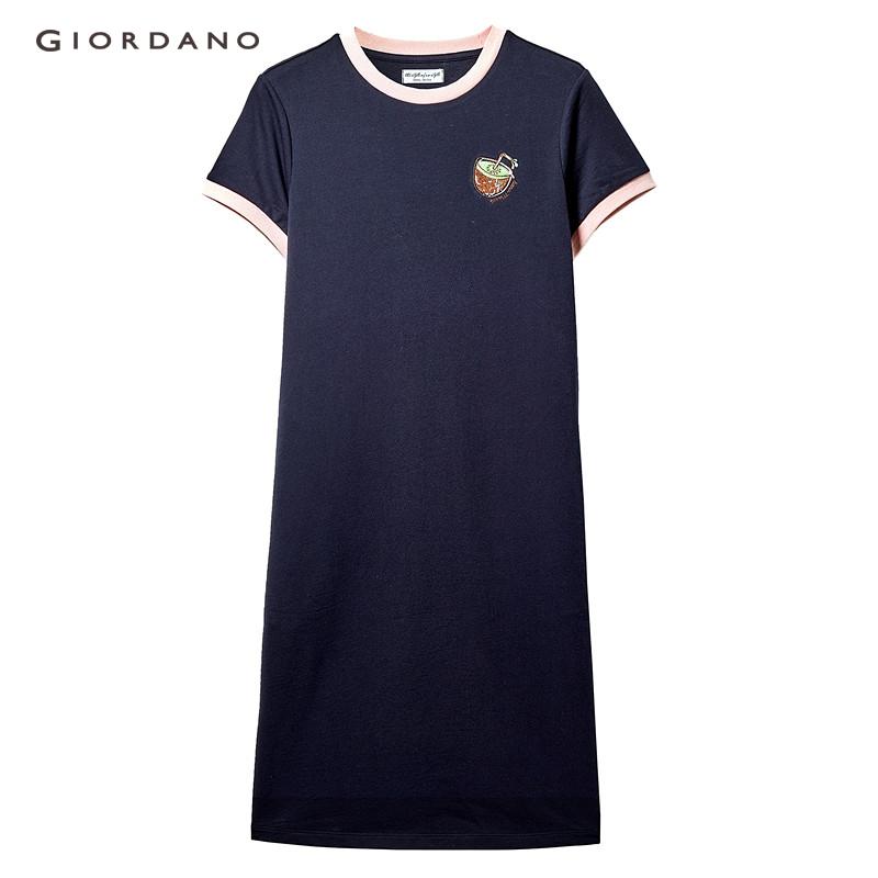 Giordano Women Dress Fruit Embroidery Contrast Color Dress For Women Casual Beau Monde Free Shipping 13469204