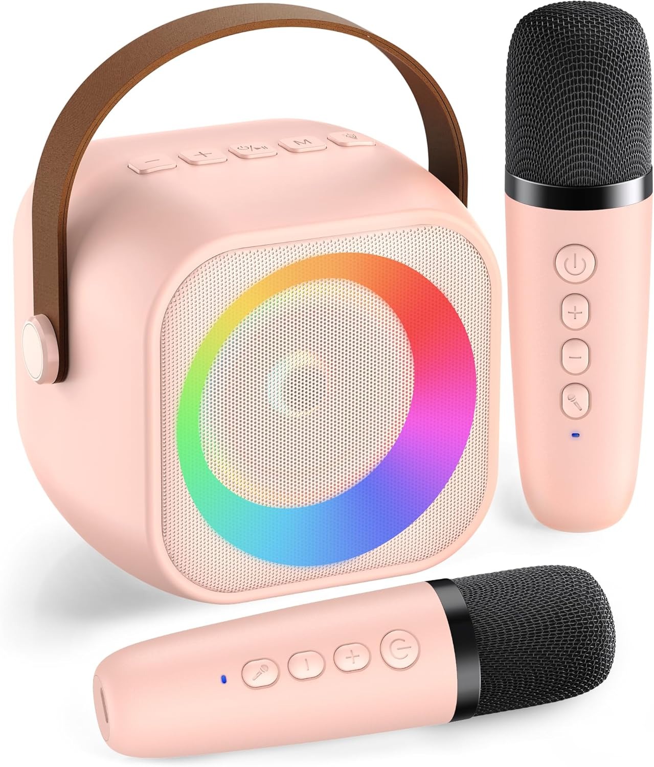 Haomuren children mini karaoke machine adult portable Bluetooth speaker with wireless microphone for girls 4-12years old karaoke toys birthday party family gift (Pink two microphones)