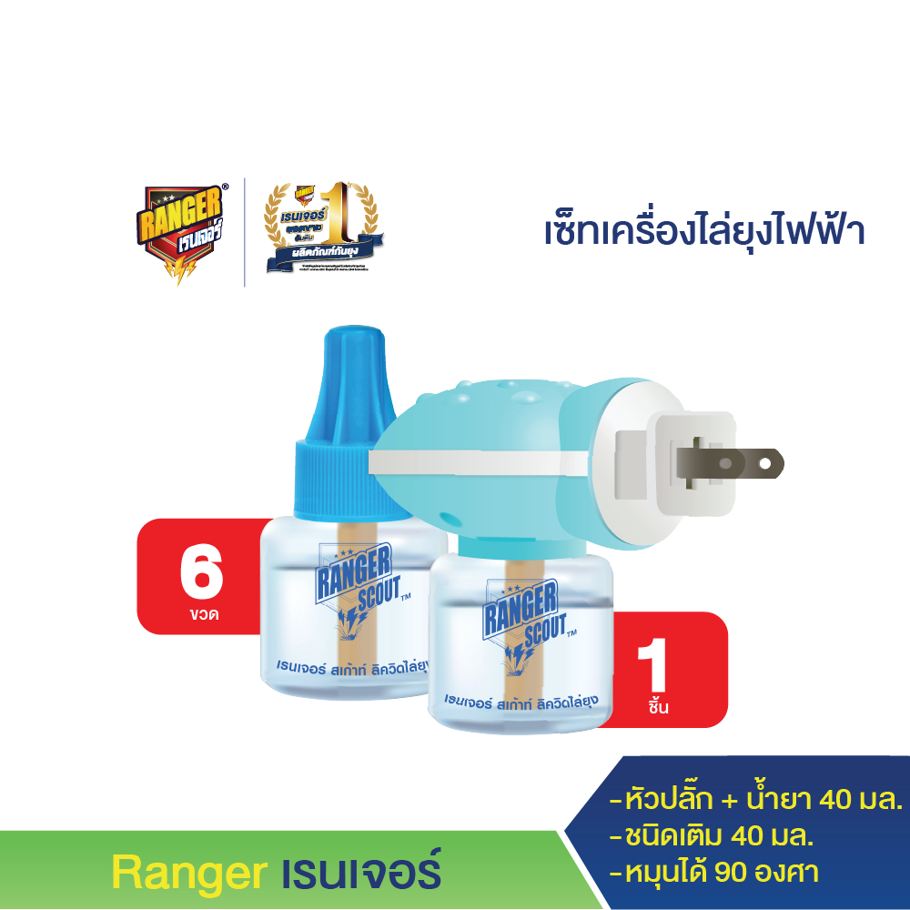 เรนเจอร์ เครื่องไล่ยุงไฟฟ้าพร้อมน้ำยา + น้ำยา ชนิดเติม 40 มล. (6 ขวด) ราคา 384 บาท*ส่งฟรี