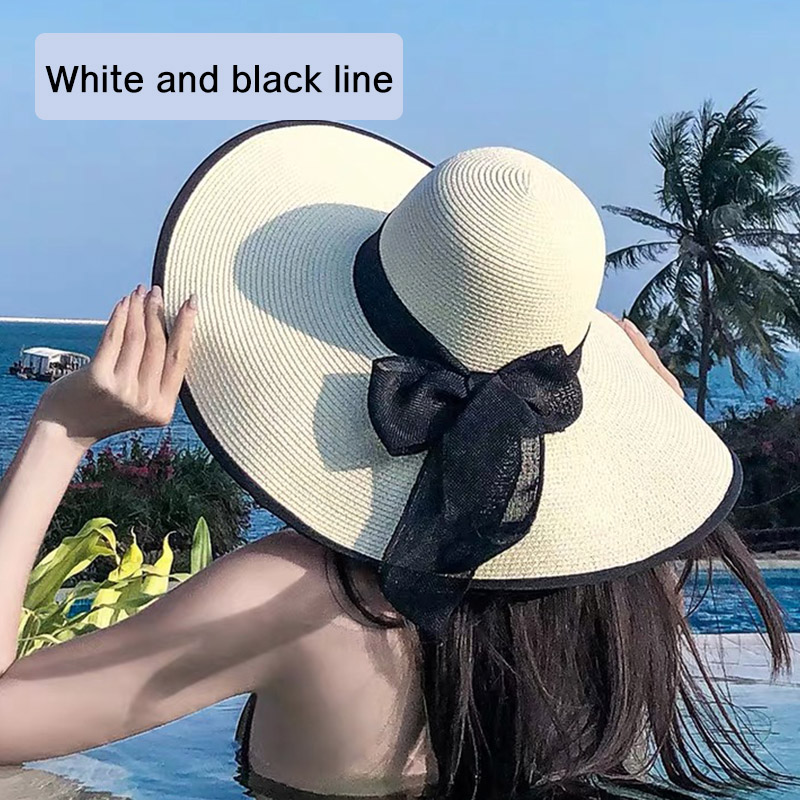 หมวกสานปีกกว้าง ขอบสีดำ พร้อมเชือกปรับขนาด กันแดด หมวกพกพา หมวกพับเก็บได้ หมวกแฟชั่นหญิง หมวกเที่ยวทะเล