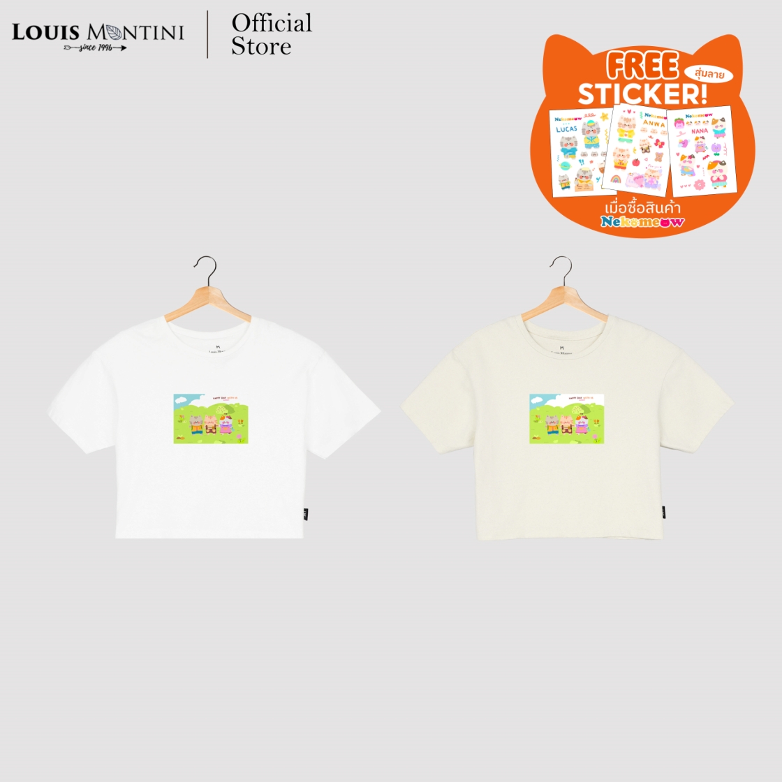 Louis Montini (Nekomeow) เสื้อครอปผู้หญิง Cotton 100% Women Crop tops (Happy Day with us) LMTS06 ราคา 239 บาท*ส่งฟรี