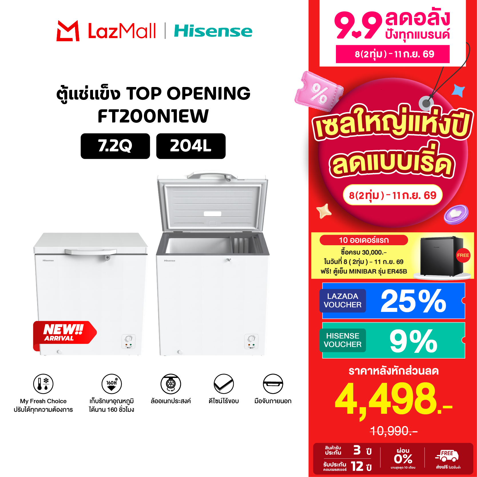 [New 2026] Hisense Chest Freezer ft Series, Size 98.5/145/204 Liters, White. ราคา 5,390 บาท*ส่งฟรี