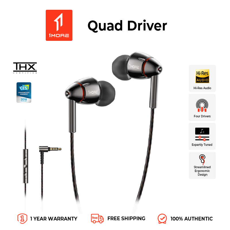 1MORE Quad Driver in-Ear Earphones Hi-Res High Fidelity Headphones Warm Bass, Spacious Reproduction, High Resolution, Mic in-Line Remote Smartphones/PC/Tablet - Silver/Gray ราคา 3,690 บาท*ส่งฟรี