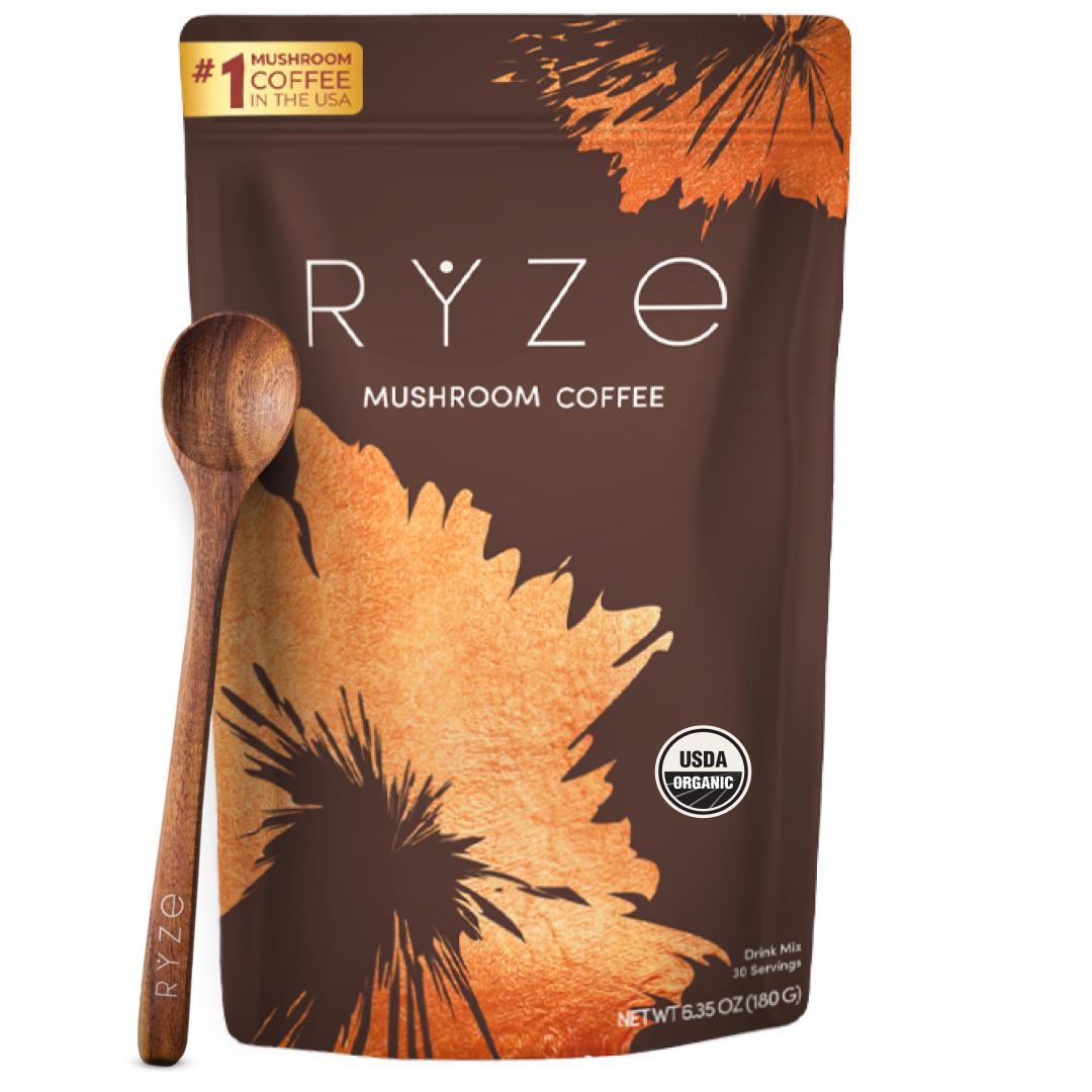 กาแฟเห็ด RYZE ออร์แกนิก USDA พร้อมเห็ดอะแดปโตเจนิก 6 ชนิดและน้ำมัน MCT ผลิตในสหรัฐอเมริกา กาแฟสำเร็จรูปเพื่อเพิ่มพลังงาน สมาธิ การย่อยอาหาร และภูมิคุ้มกัน ด้วยเห็ดหางไก่งวง, เห็ดหอม, เห็ดแผงคอสิงโต บรรจุ 30 ครั้งชง