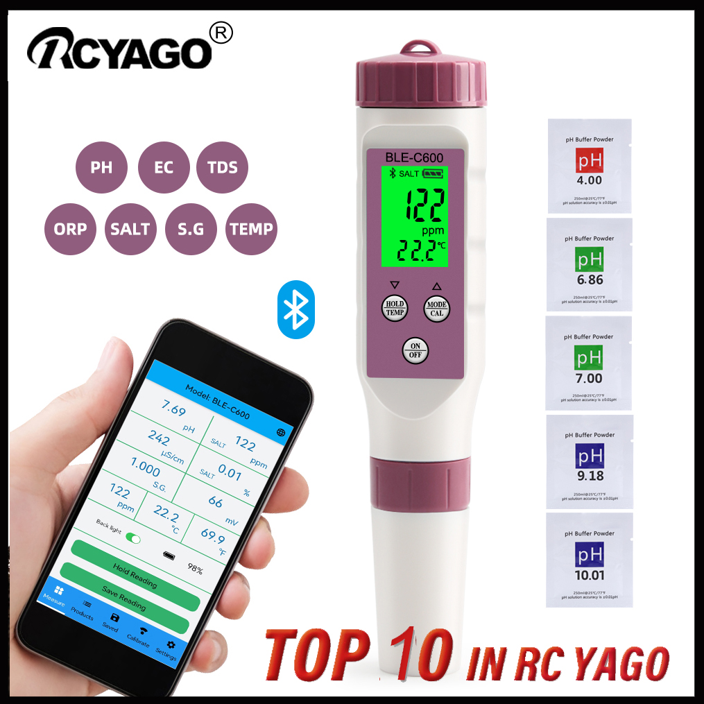 RCYAGO Bluetooth PH Meter, Digital PH Tester 0.01 Resolution High Accuracy  Water Quality Tester with Backlit LCD Display and ATC for Drinking Water