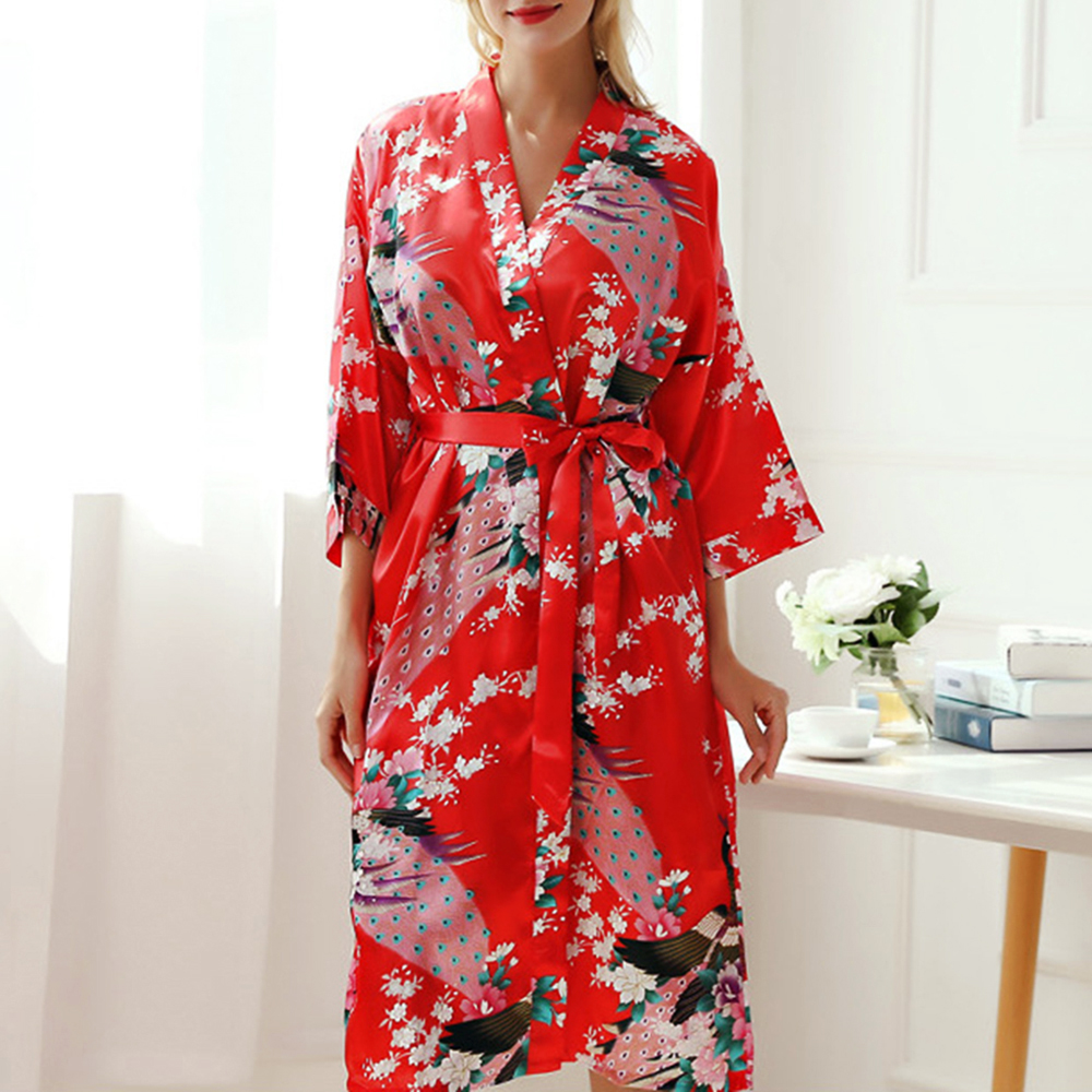 ILED5XEJ เพื่อนเจ้าสาวซาติน Robe Kimono นกยูงชุดนอนชุดกลางคืนนอน Robe เสื้อคลุมอาบน้ำ