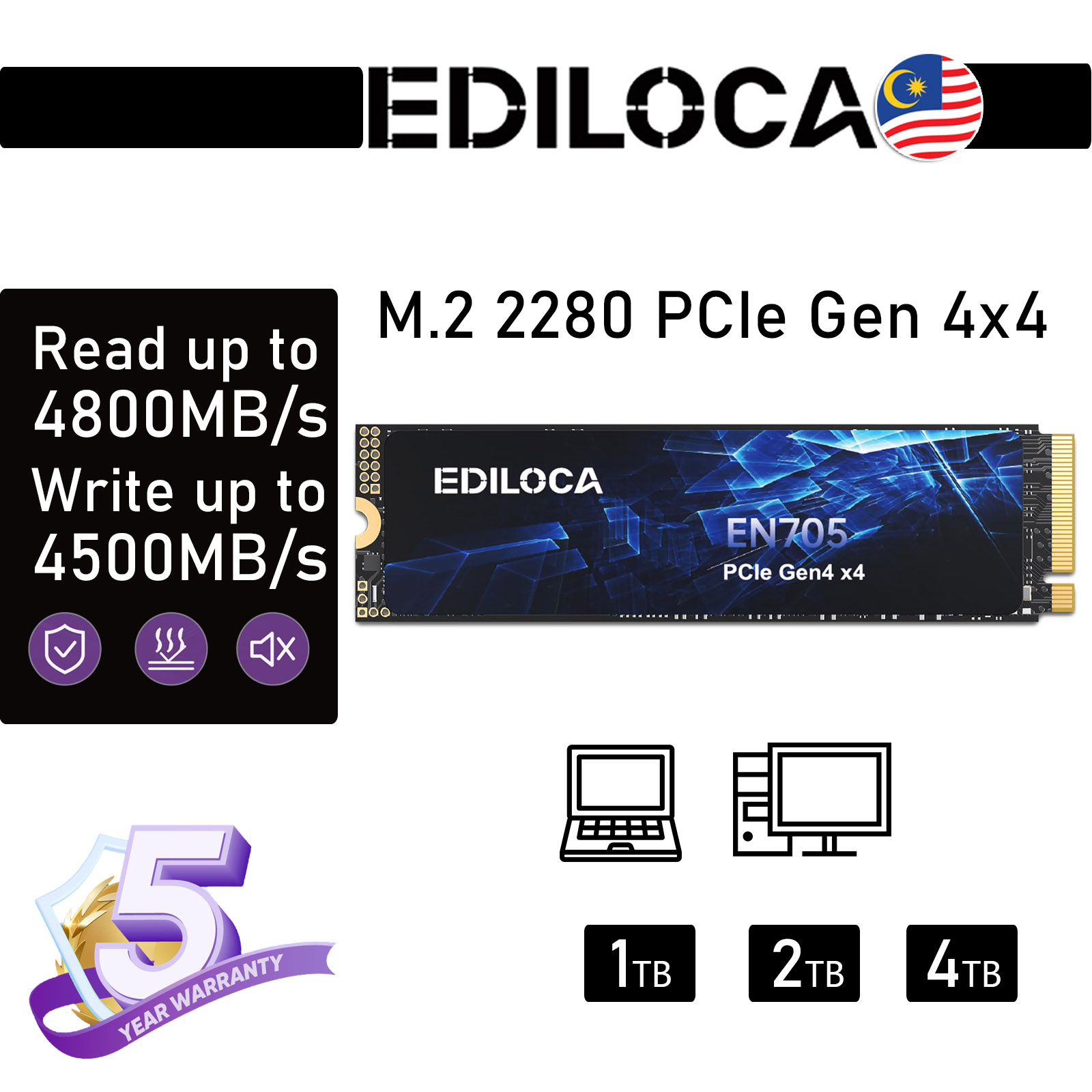 Ediloca EN705 SSD PCIe Gen4, NVMe M.2 2280, 3D NAND TLC, up to 5000MB/s, Internal Solid State Drive, Dynamic SLC Cache, Compatible with PS5, Laptops and PC Desktops ราคา 4,999 บาท*ส่งฟรี