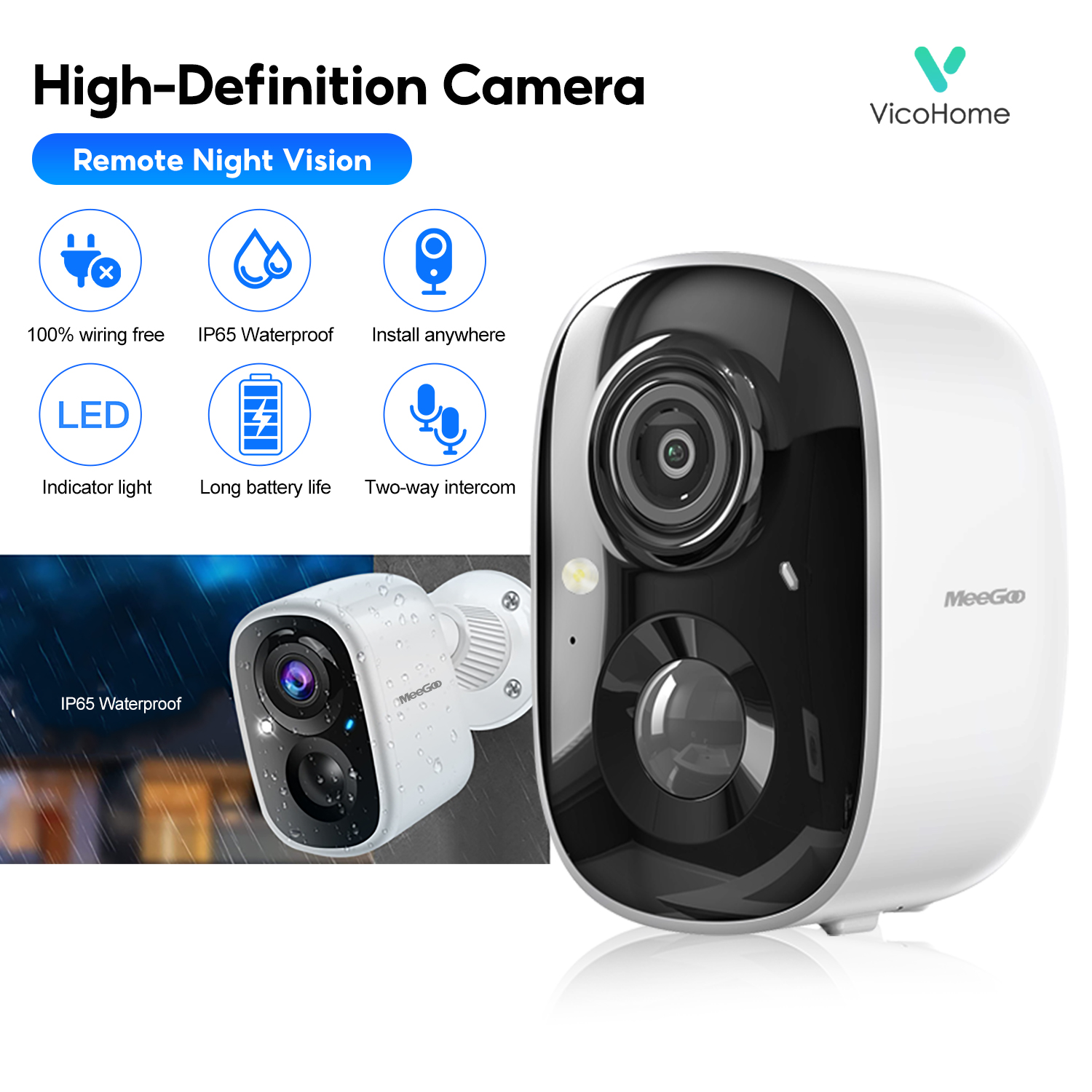 กล้องวงจรปิด กล้องวงจรปิดไร้สาย Wi-Fi MeeGoo ไร้สาย Wifi, พิกเซล 200W, แบตเตอรี่ในตัว, มีระบบแจ้งเตือน Ai, การตรวจจับการเคลื่อนไหว Pir, วิสัยทัศน์กลางคืนสีคมชัด, กันน้ำได้ถึงระดับ Ip65/Ip66, สามารถใช้ได้ทั้งภายในและภายนอกบ้าน, กล้องในร