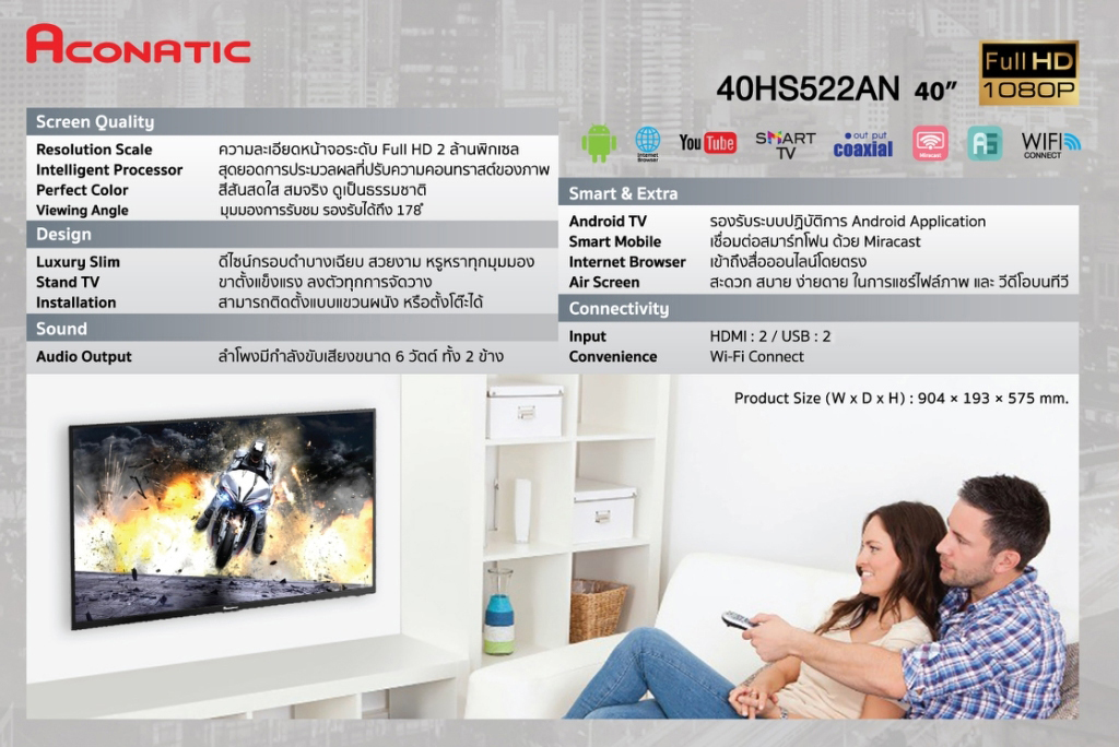 เกี่ยวกับ ACONATIC SMART TV สมาร์ท  ทีวี 40" รุ่น 40HS522AN | Power Mall