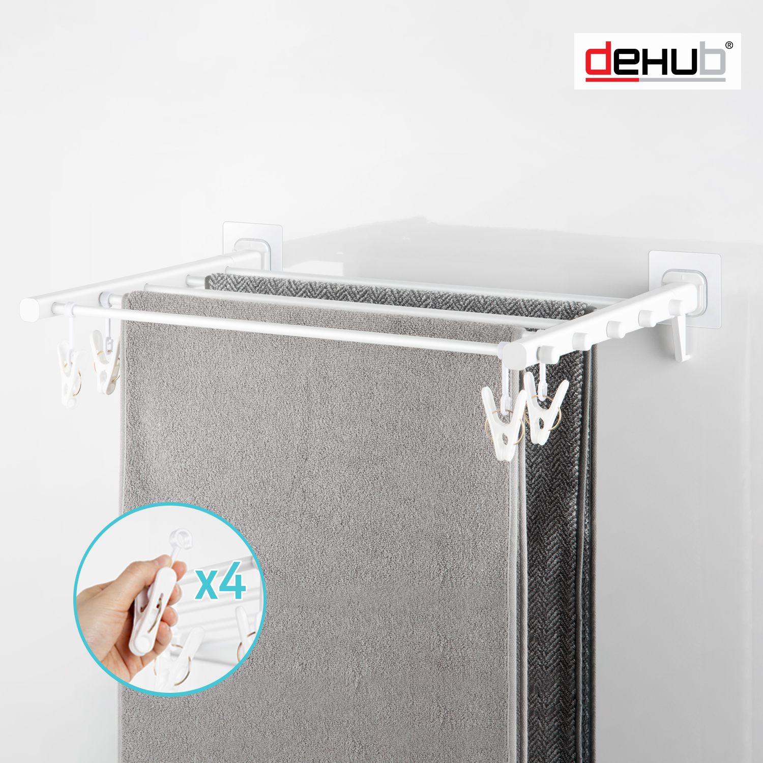 DeHUB Vacuum pad ราวตากผ้าพับได้ ติดผนัง ไม่ต้องเจาะ ราวตากผ้าตะขอแขวน ราวตากผ้าแบบพับ พร้อมตัวหนีบ (Vacuum Pad Laundry Rack 530) ราคา 616 บาท*ส่งฟรี
