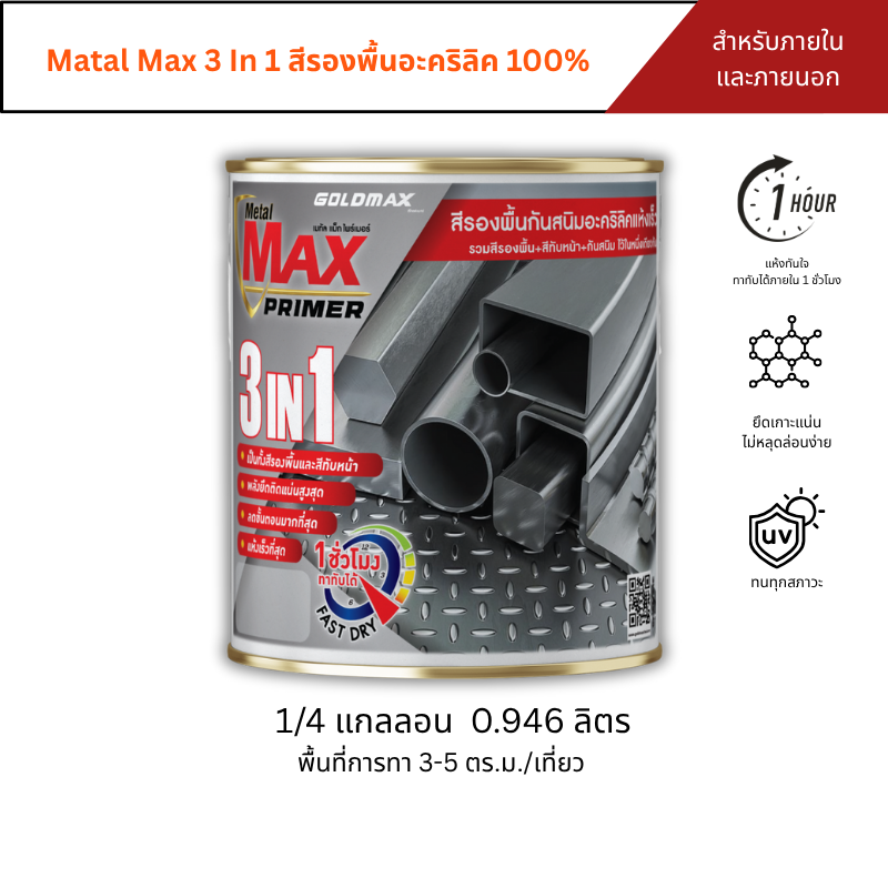 Metal Max Primer 3 in 1 Rust-Proof Primer, Size 0.946 Liters ราคา 350 บาท*ส่งฟรี