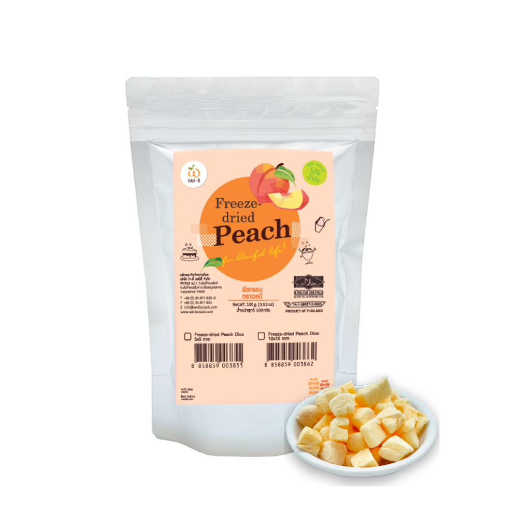 Wel-B Freeze-dried Peach Diced 10x10mm 100กรัม (เวลบี พีชกรอบหั่นเต๋า 10x10mm 100g) ราคา 260 บาท*ส่งฟรี