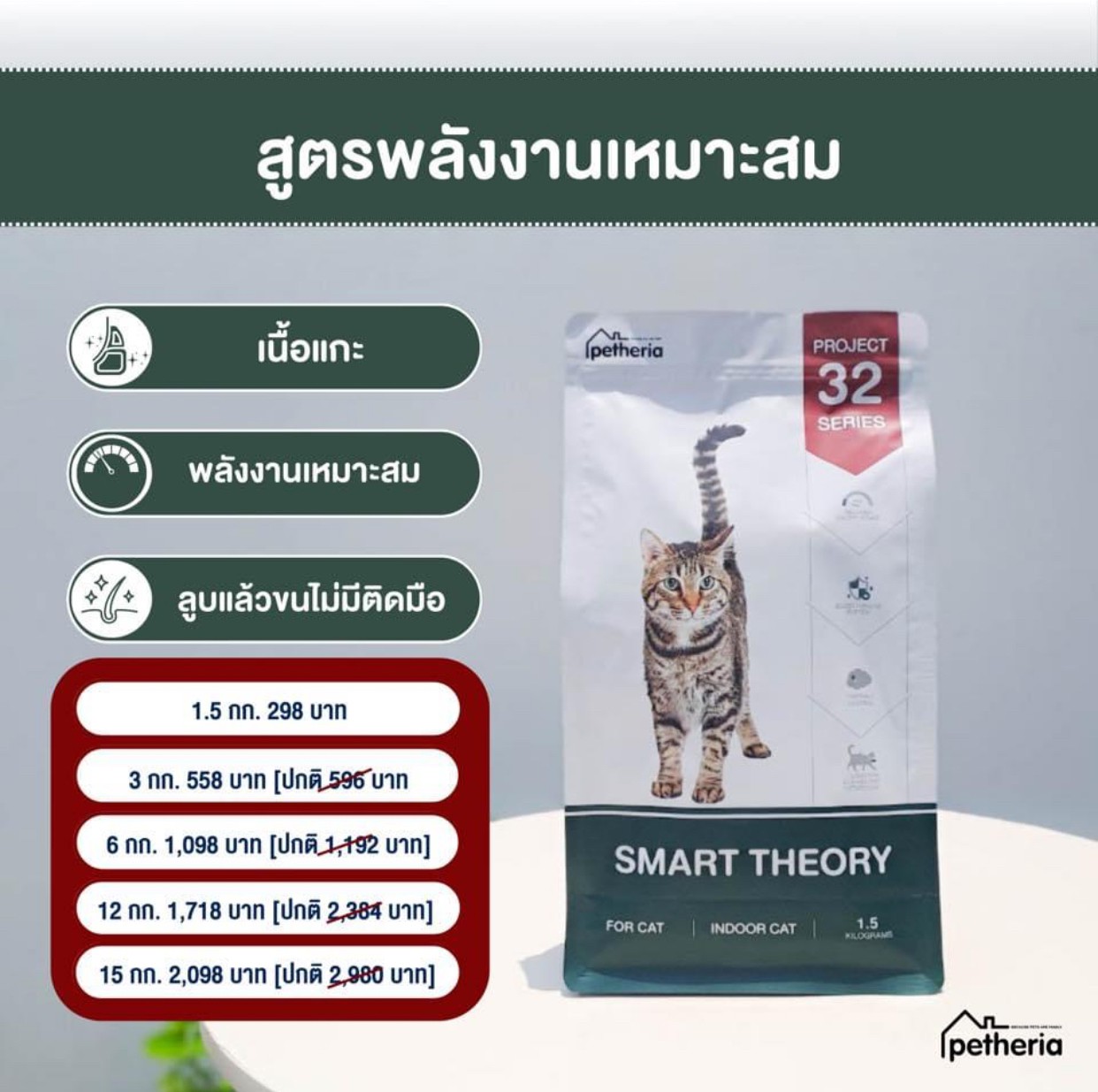 Petheria Smart Theory อาหารแมว สูตร ลดน้ำหนัก สูตร พลังงานเหมาะสม ทำจากเนื้อแกะ ราคา 298 บาท*ส่งฟรี