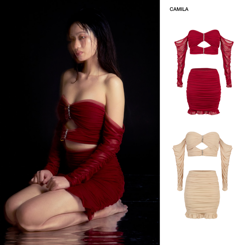 PETCHPLOY - Camila เดรสผ้าตาข่ายซ้อน2ชั้น แยกชิ้นเสื้อและกระโปรง ดีเทลเสื้อเกาะอกแต่งเพชร จับจีบสไตล์หวานหรู กระโปรงทรงเอแต่งขอบระบาย ราคา 3,290 บาท*ส่งฟรี