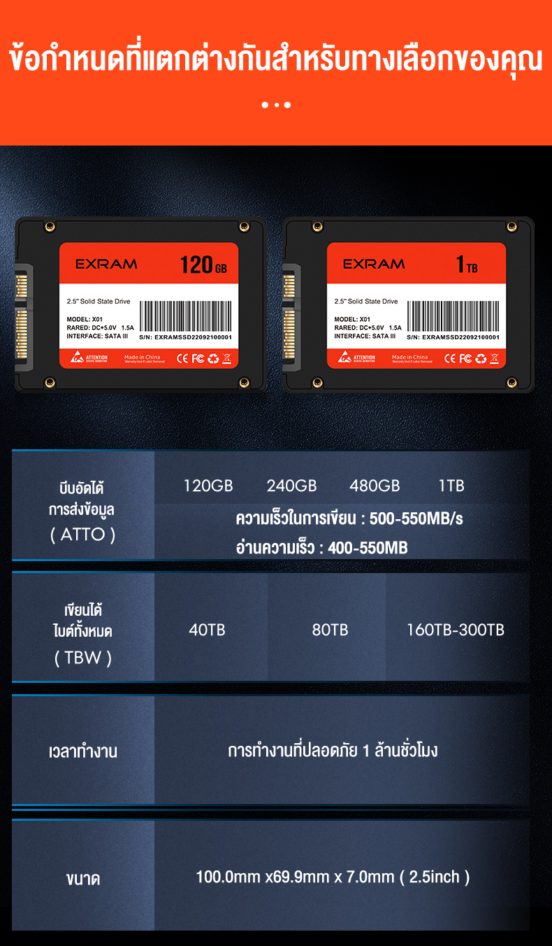 ภาพประกอบของ EXRAM 2.5 นิ้ว SATA3.0 SSD 120GB✨ ความเร็วในการอ่านและเขียน 500MB/s💥 SSD ภายนอก/ภายใน ฮาร์ดไดรฟ์แล็ปท็อป ฮาร์ดไดรฟ์คอมพิวเตอร์เดสก์ท็อป 💯รับประกัน 3 ปี