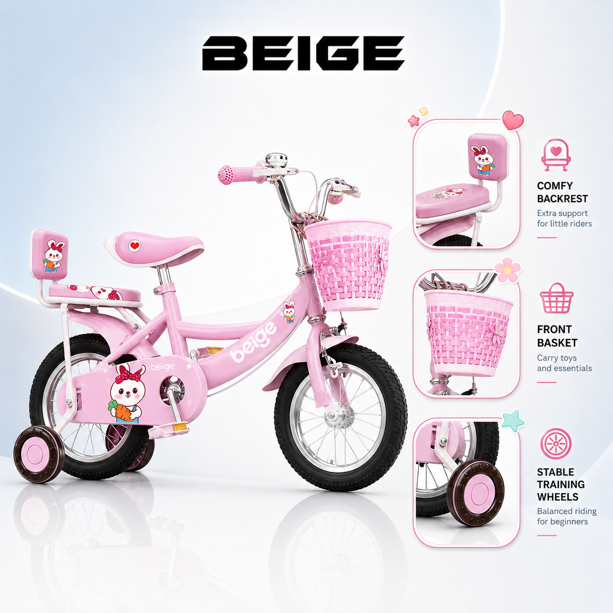 Beige Children's Bicycle 12 Inch/16 Inch/18 Inch/20 Inch New Year's Gift, Sports Bicycle, Inflatable Tires, Steel Bicycle with Basket, Suitable for Girls and Boys 2-12 Years Old. ราคา 1,019 บาท*ส่งฟรี
