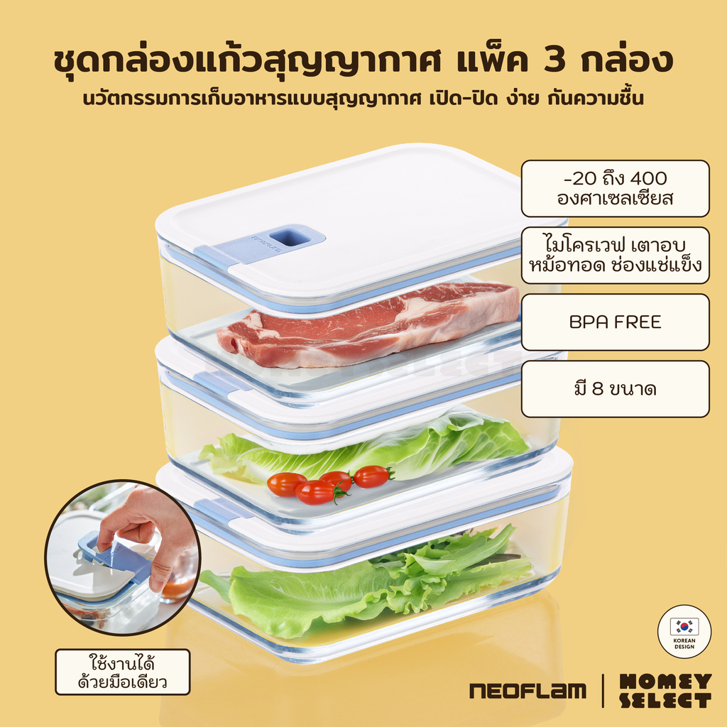 [แพ็ค3กล่อง]Neoflam Perfect Seal กล่องแก้วสุญญากาศ โมดูล่า VACUUM BOROSILICATE GLASS เข้าไมโครเวฟ เตาอบได้ ทนความร้อนสูง ราคา 355 บาท*ส่งฟรี