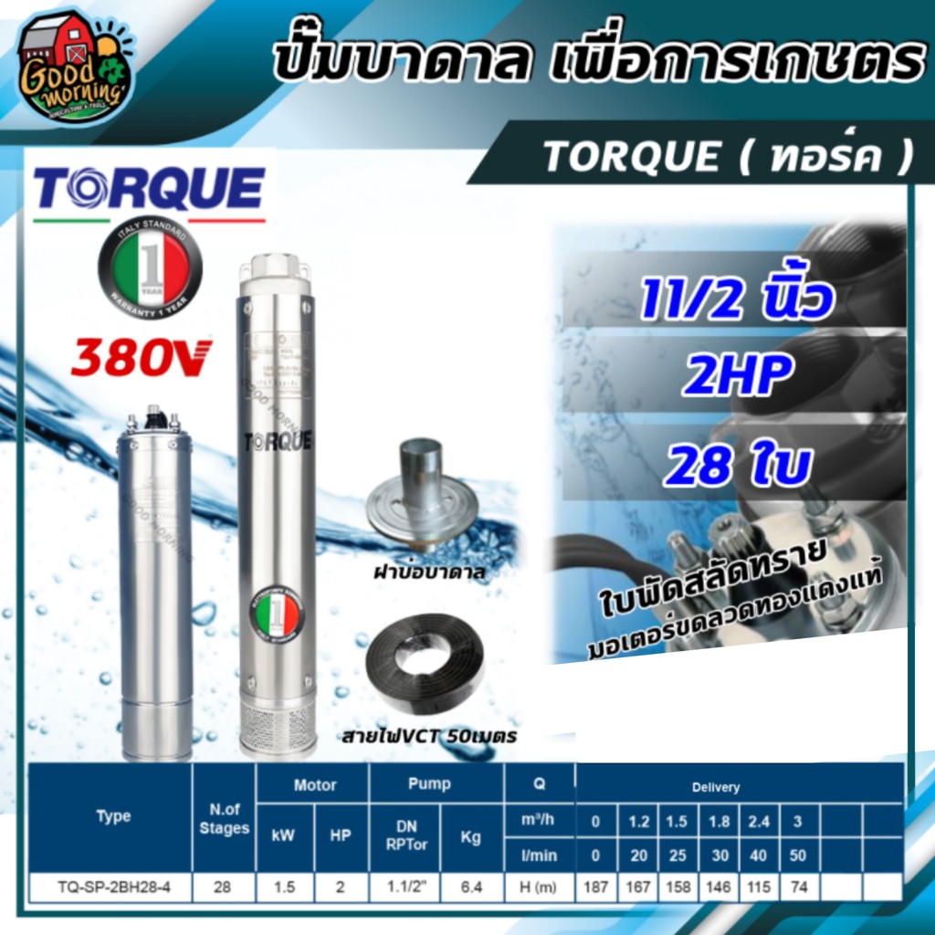 TORQUE ปั๊มบาดาล ขนาด 1.5นิ้ว 2HP 28ใบ 380V ลงบ่อ ลงบ่อ4-6นิ้ว ใบพัดสลัดทราย ทอร์ค ปั๊มน้ำอิตาลี บาดาล ซับเมอร์ส ซับเมิร์ส ปั๊มน้ำ ราคา 18,700 บาท*ส่งฟรี