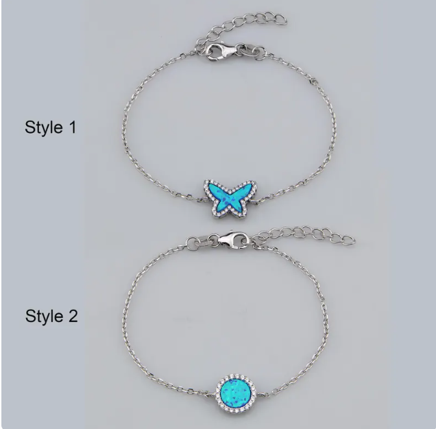 925 Silver Round Shape Blue Opal Bracelet, Women's Sterling Silver Blue Opal with Zirconia Butterfly Bracelet ราคา 2,400 บาท*ส่งฟรี