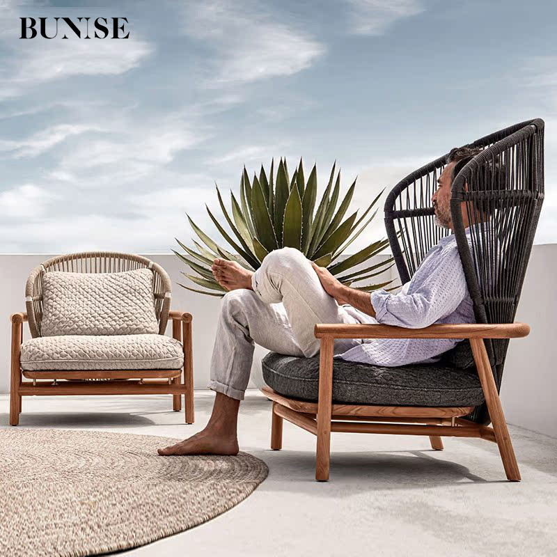 Bunise outdoor furniture set table and chair for pool area, teak wood, minimalist style, single sofa, braided rope sofa with seat and soft back cushion provide model p2414 ราคา 11,480 บาท*ส่งฟรี