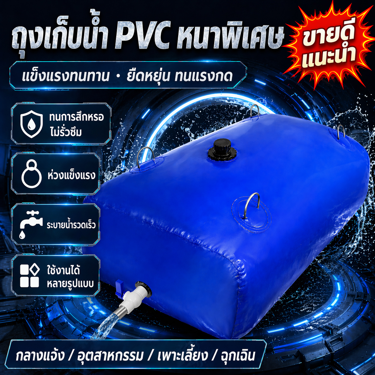 ถังเก็บน้ำ PVC พับได้ สำหรับงานเกษตร กันแดด กันฝน แข็งแรง ไม่รั่วซึม เหมาะสำหรับเก็บน้ำสำรอง รดน้ำพืช และระบบชลประทาน ติดตั้งง่าย พับเก็บสะดวก น้ำหนักเบา เคลื่อนย้ายง่าย ใช้งานกลางแจ้งได้ยาวนาน เหมาะสำหรับสวนและไร่นาทุกประเภท ราคา 1,580 บาท*ส่งฟรี