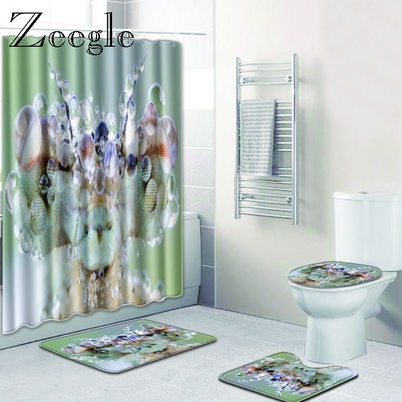 Zeegle 3D Printed Bath Mat Set Bathroom Shower Curtain Anti-slip Bathroom Foot Mat Floor Rug Washable Toilet Rug Modern Mat
