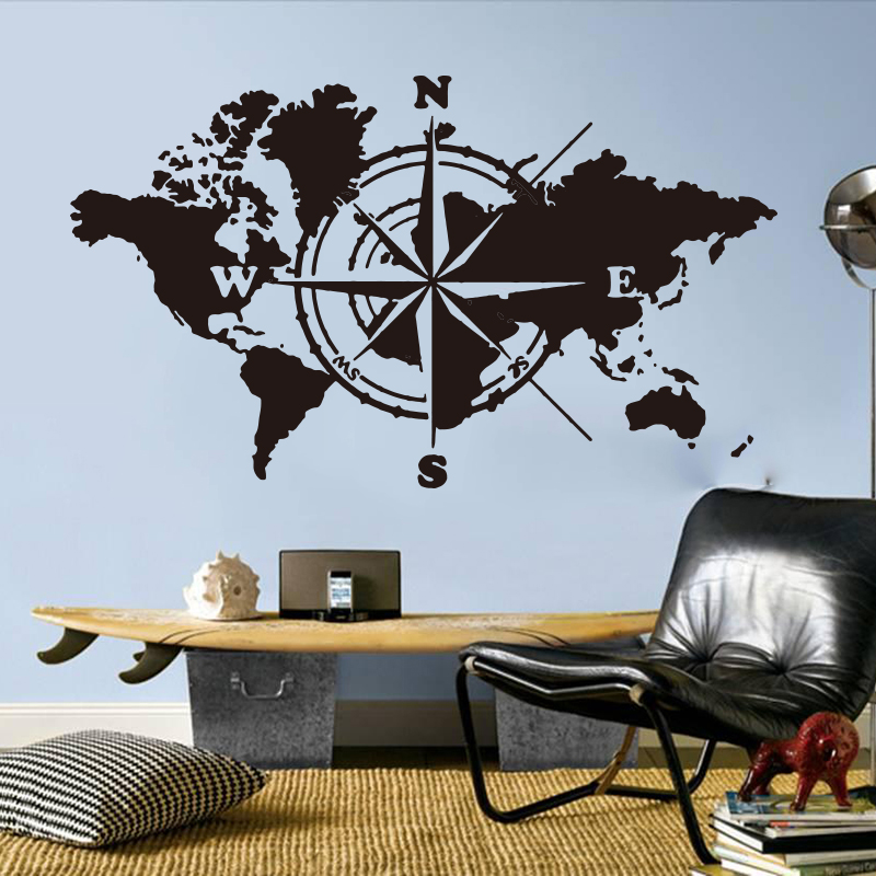 vHuge Compass World Map Travel Wall Sticker Classroom Office Atlas Of The World Adventure Wall Decal Bedroom Vinyl Decor (1)