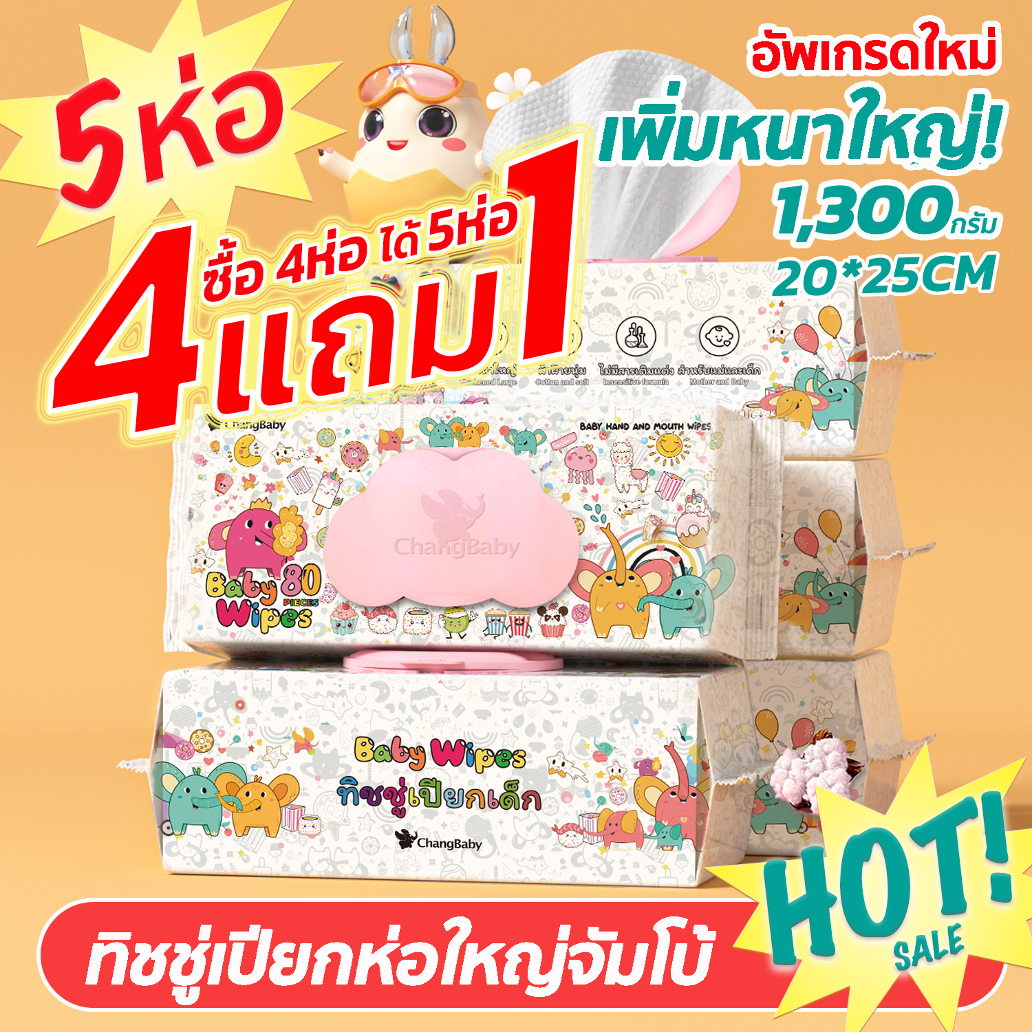 4 แถม 1 Ein.b ทิชชู่เปียกเด็ก ผ้าฝ้ายลายมุกเพิ่มความหนา ห่อใหญ่แผ่นใหญ่ ไม่ระคายเคืองผิว กระดาษทิชชู่เปียกเด็กแรกเกิดเช็ดมือและปาก 80แผ่น