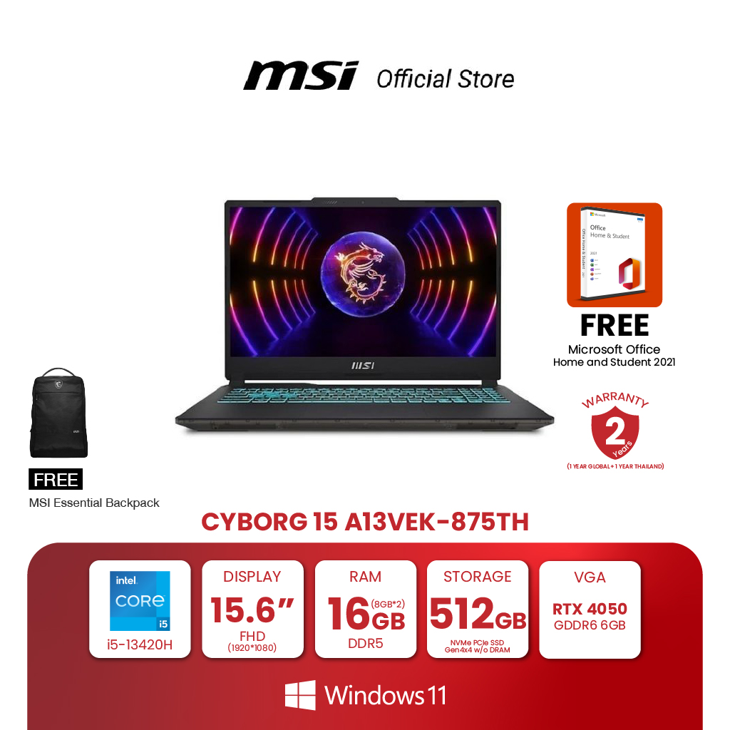 MSI NOTEBOOK Cyborg 15 A13VEK-875TH | 15.6" FHD | Intel Core i5-13420H | NVIDIA GeForce RTX 4050 | 16GB (8x2) DDR5 | 512GB NVMe PCIe SSD | Windows® 11 Home + Microsoft Office Home and Student 2021 (โน้ตบุ๊ก) [Preorder จัดส่งภายใน 7-15 วัน] ราคา 37,490 บาท*ส่งฟรี