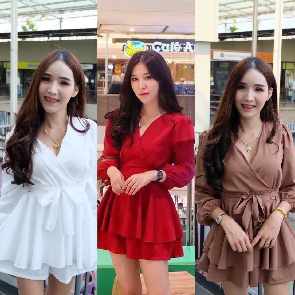 Dee-ya Shop เสื้อผ้าแฟชั่น จั๊มสูทสั้น สีขาว แดง น้ำตาล พร้อมส่ง