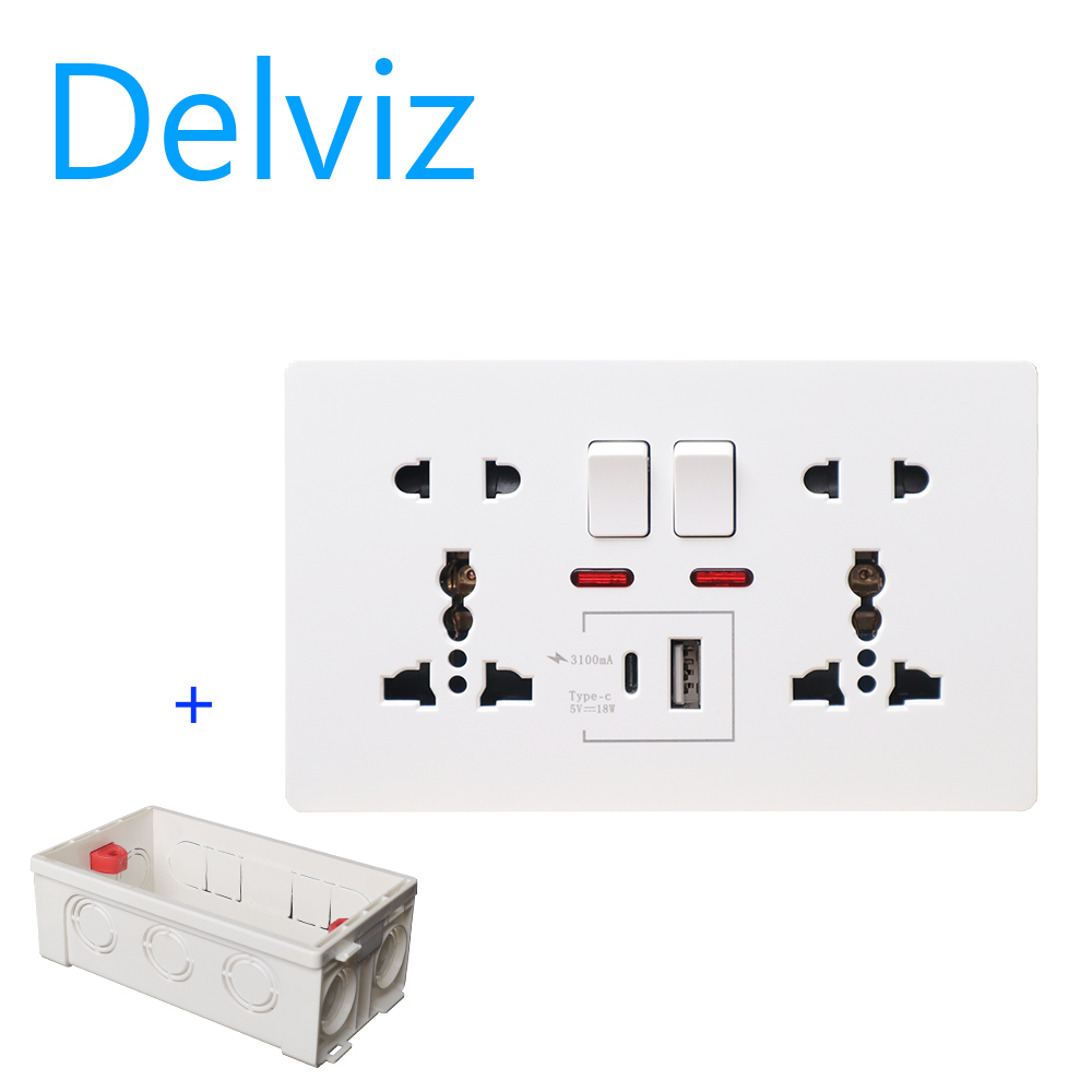Delviz Type-C interface socket, EU/UK/US 5-hole wall-mounted USB socket, PD18W 3100mA smart fast charge. 1A/1C charging node. One-piece large panel, the size of the power socket is 146mm * 86mm. - ยี่ห้อ DELVIZ ราคา 329 บาท*ส่งฟรี
