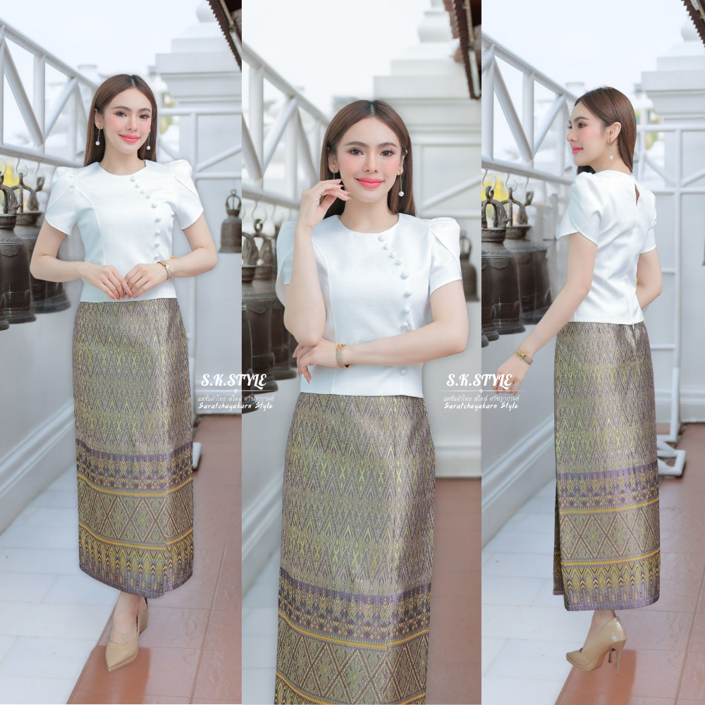 ชุดผ้าไทย เสื้อเชิ้ตผ้าไหมญี่ปุ่น แขนกลีบดอกบัว ผ้าสำหรับทำกระเป๋าผ้าฝ้ายทอไทย สีชมพูและสีทอง มีป้ายสำเร็จรูป ซิปด้านข้าง ติดกาวเรียบร้อยแล้ว