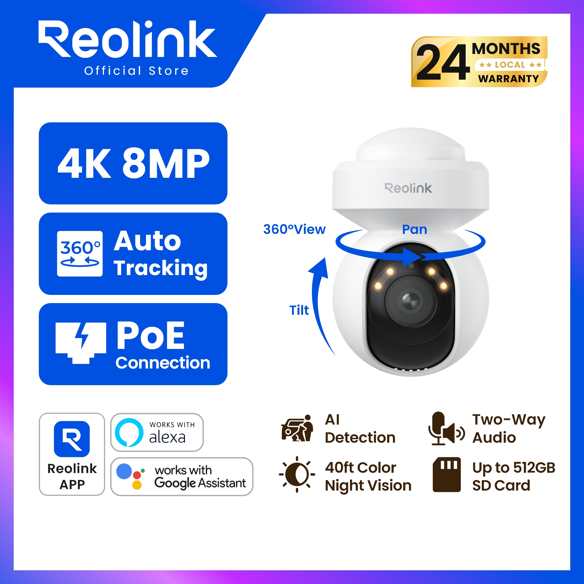 Reolink E1 Outdoor Se Poe External Cctv Camera 4K Uhd | Rotate 355 ° Bow down 50 ° Automatic Tracking | Night Color Images | You Can Talk Back. | Record 24 Hours. ราคา 2,995 บาท*ส่งฟรี